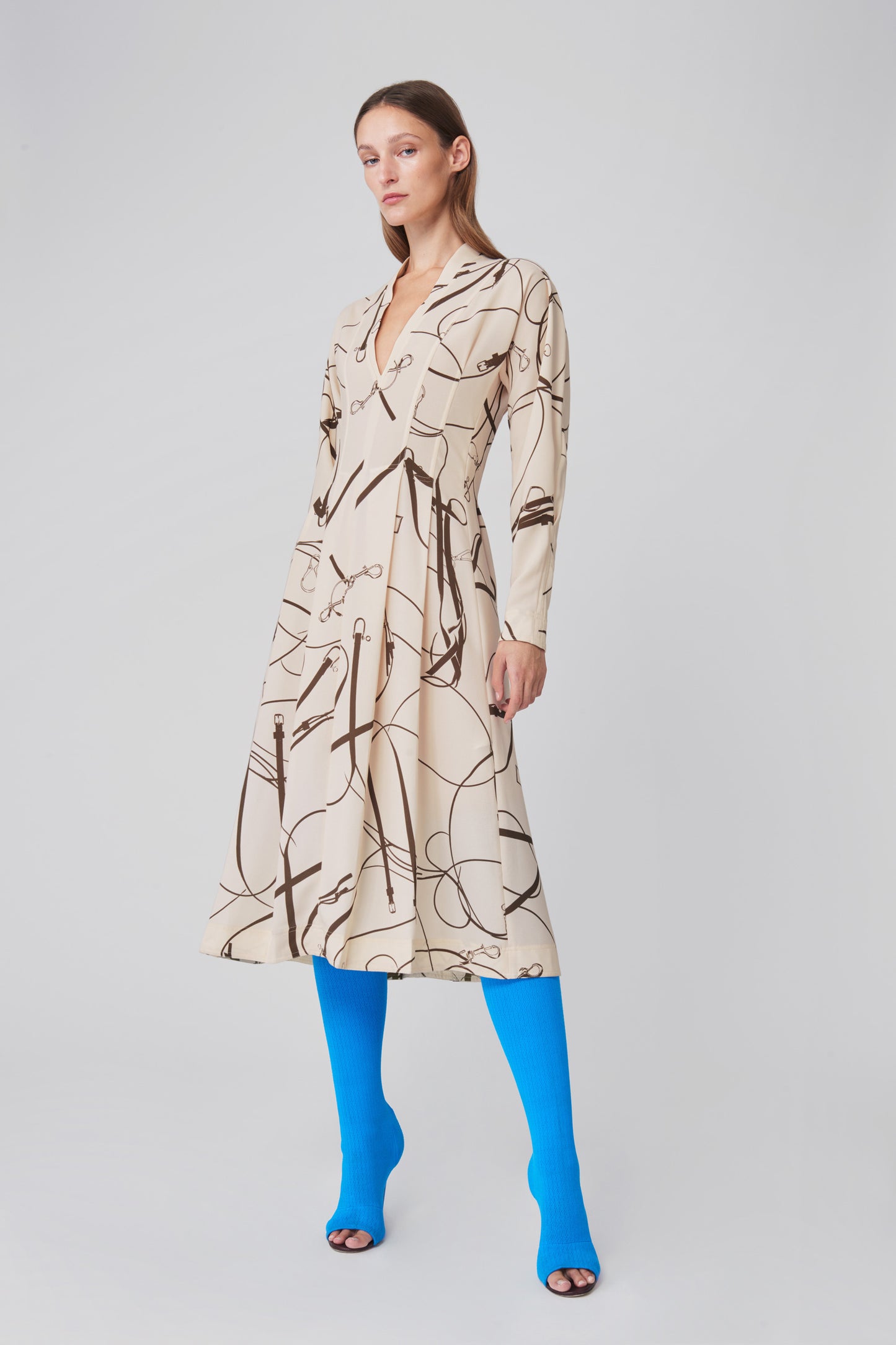 Long Sleeve V-Neck Flare Midi Dress in Khaki