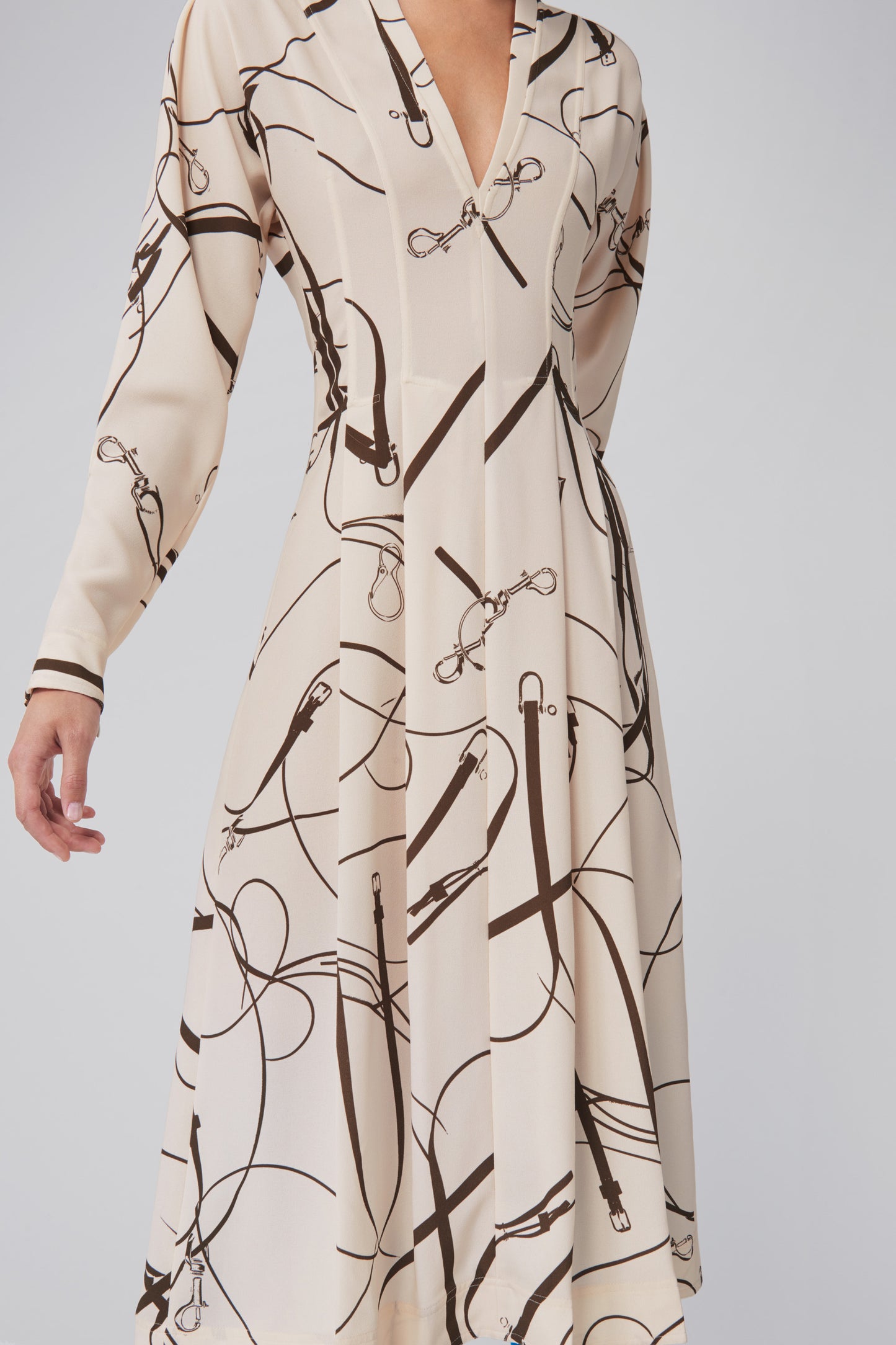 Long Sleeve V-Neck Flare Midi Dress in Khaki