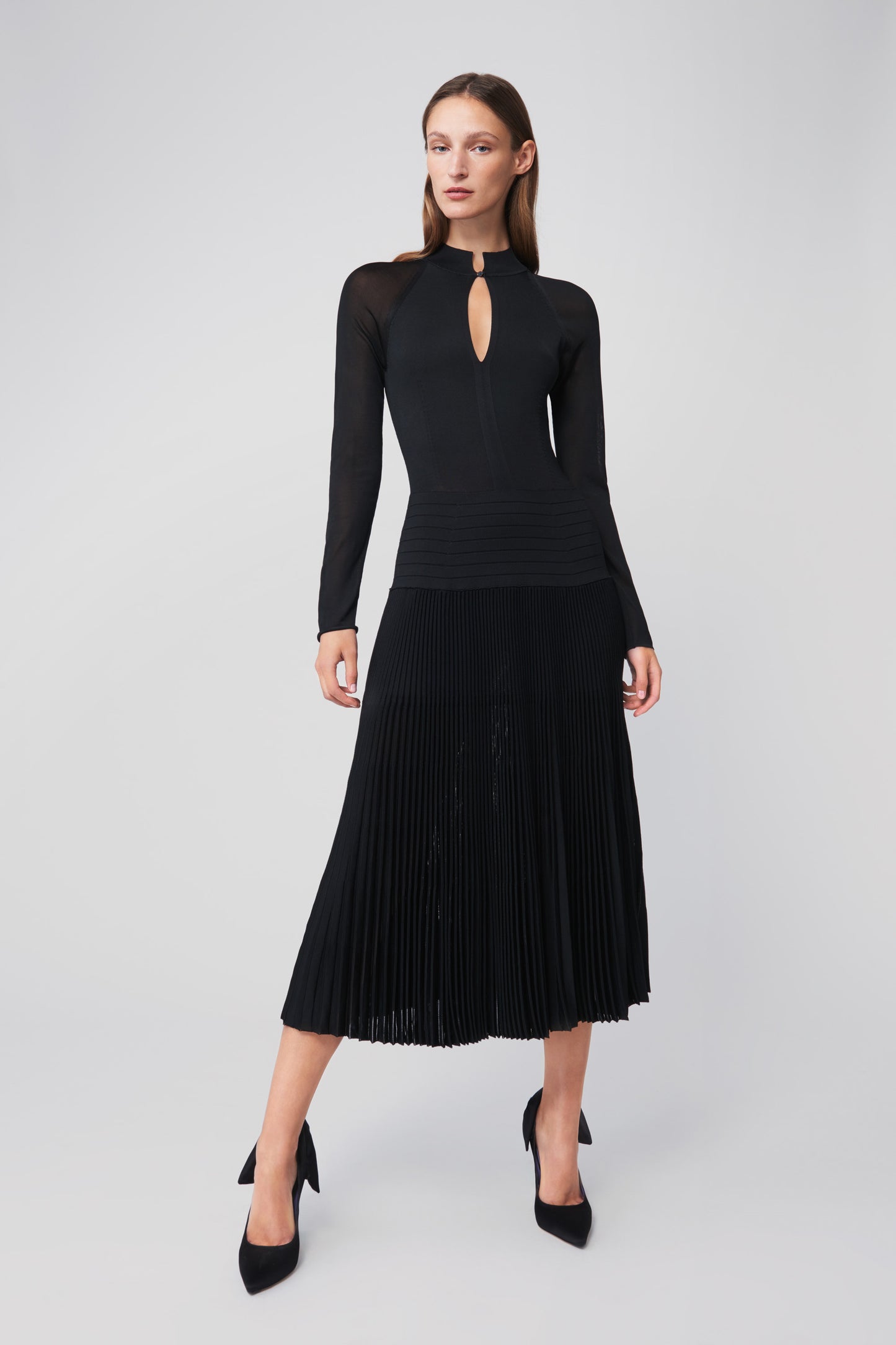 Pleated Knit Midi Dress in Black