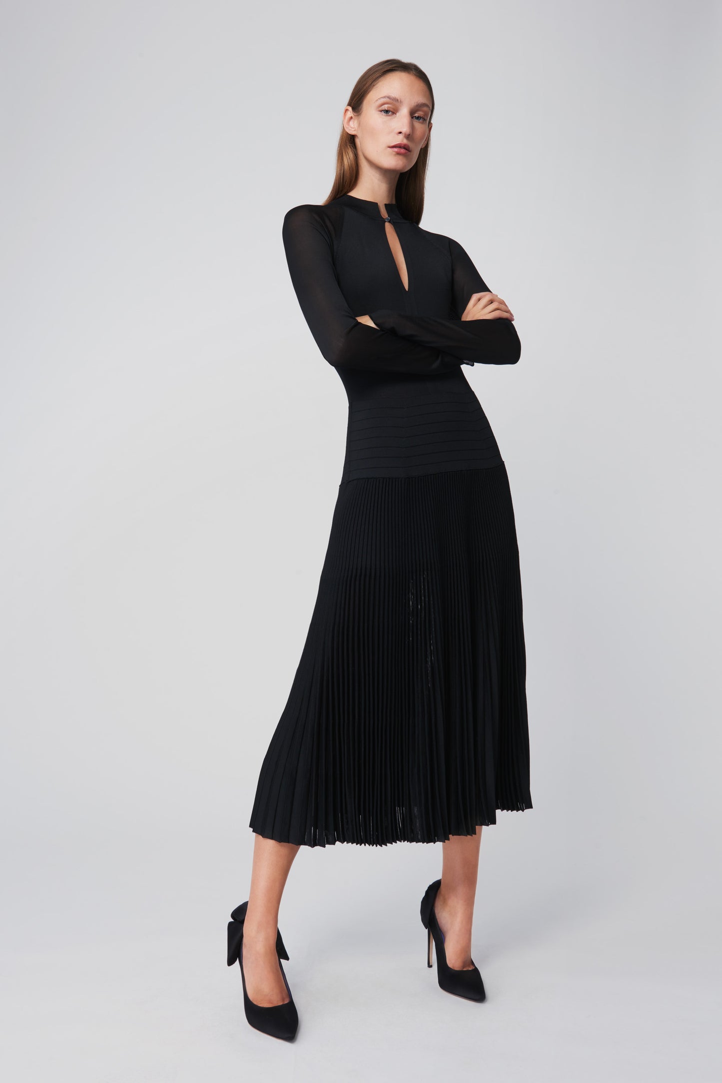 Pleated Knit Midi Dress in Black