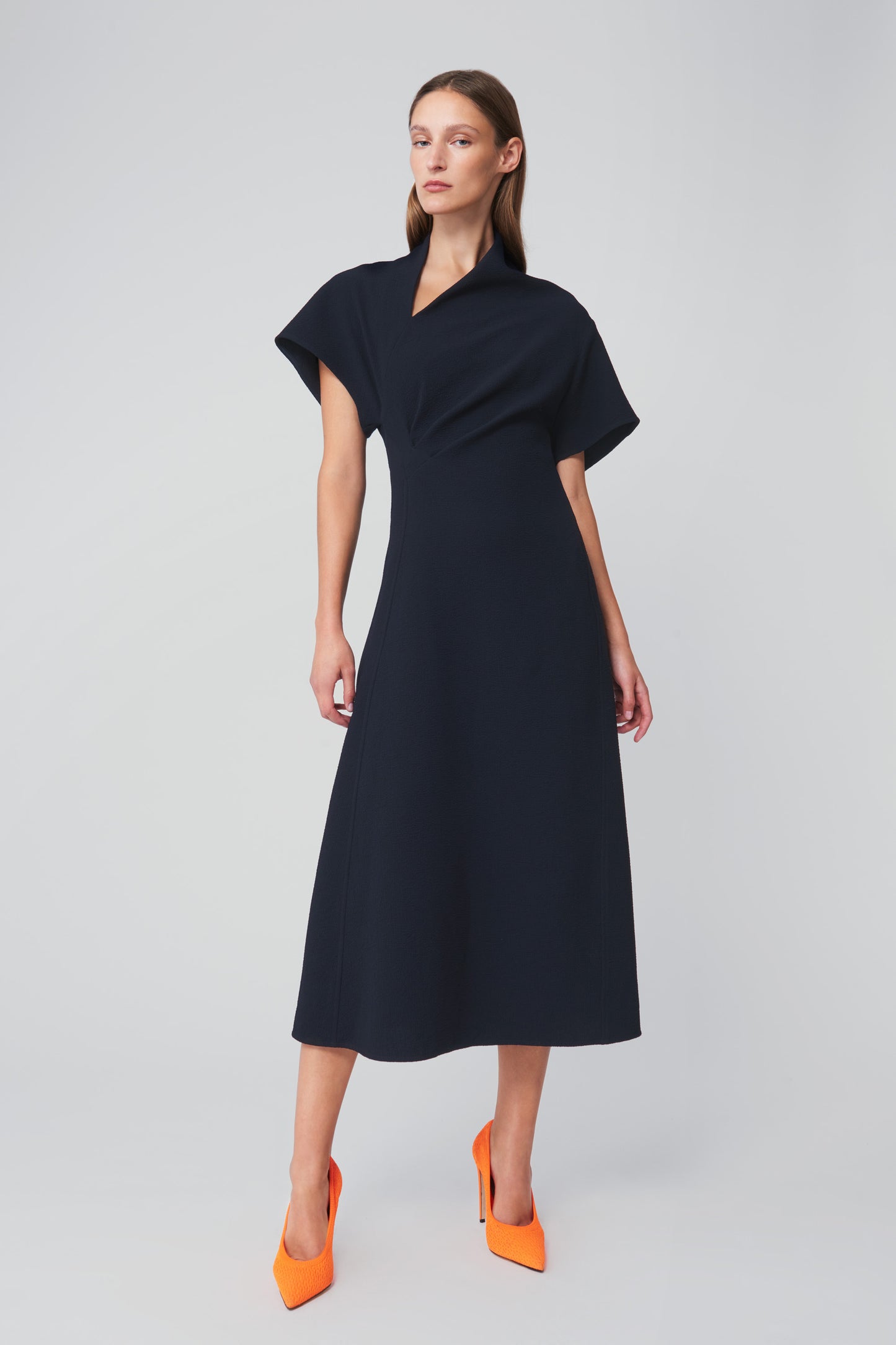 Asymmetric Neck Flare Dress in Navy
