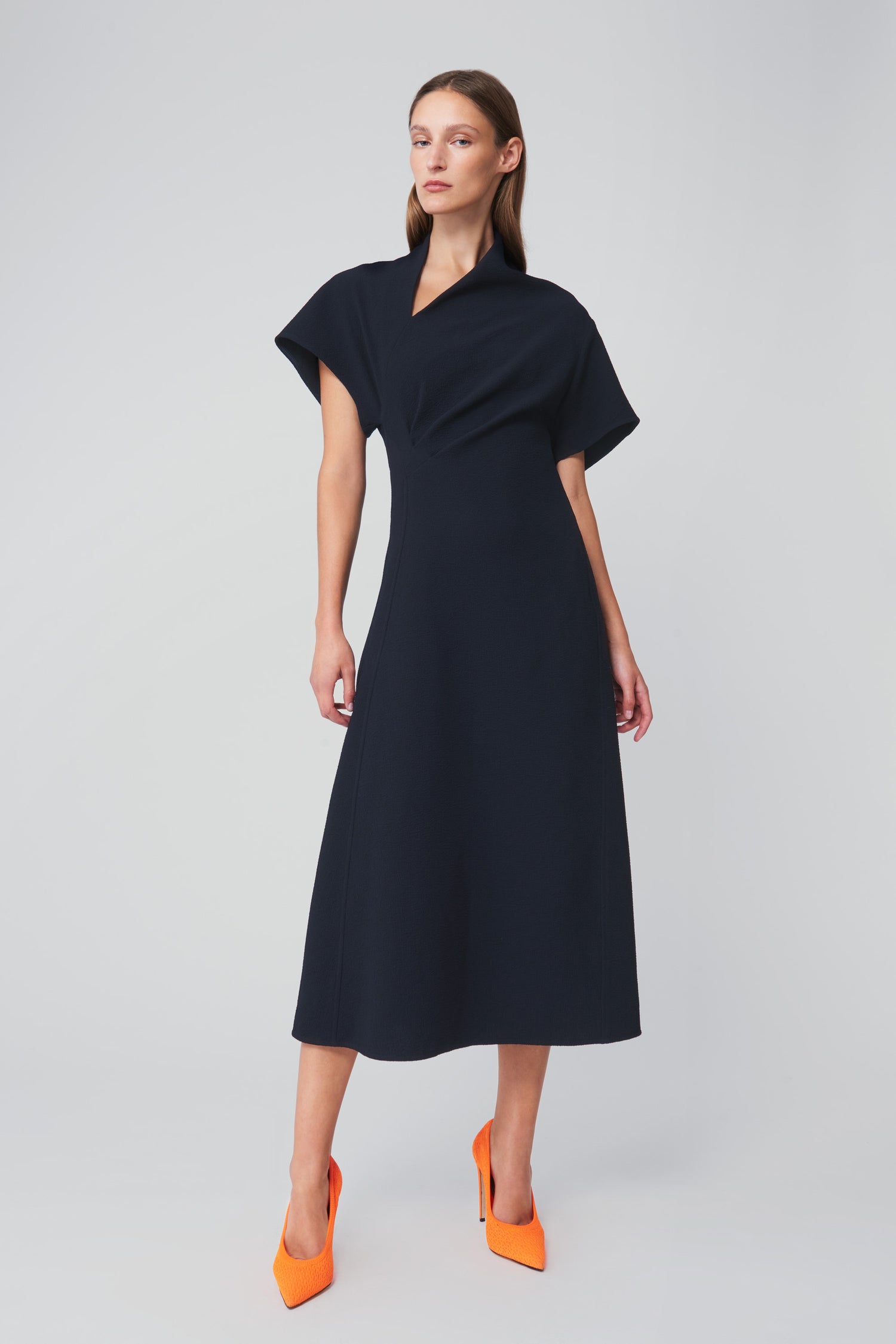 Asymmetric Neck Flare Dress in Navy