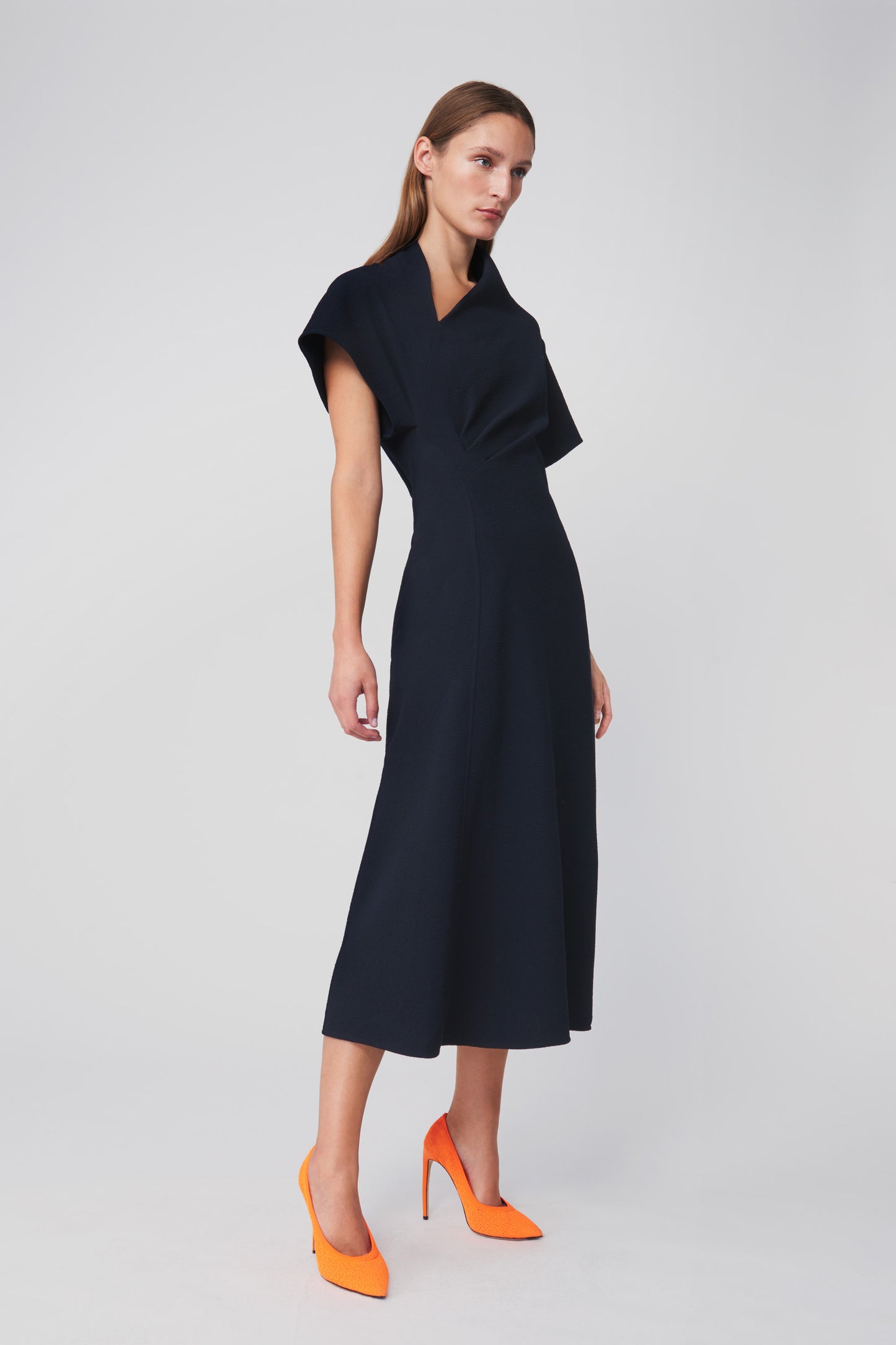 Asymmetric Neck Flare Dress in Navy