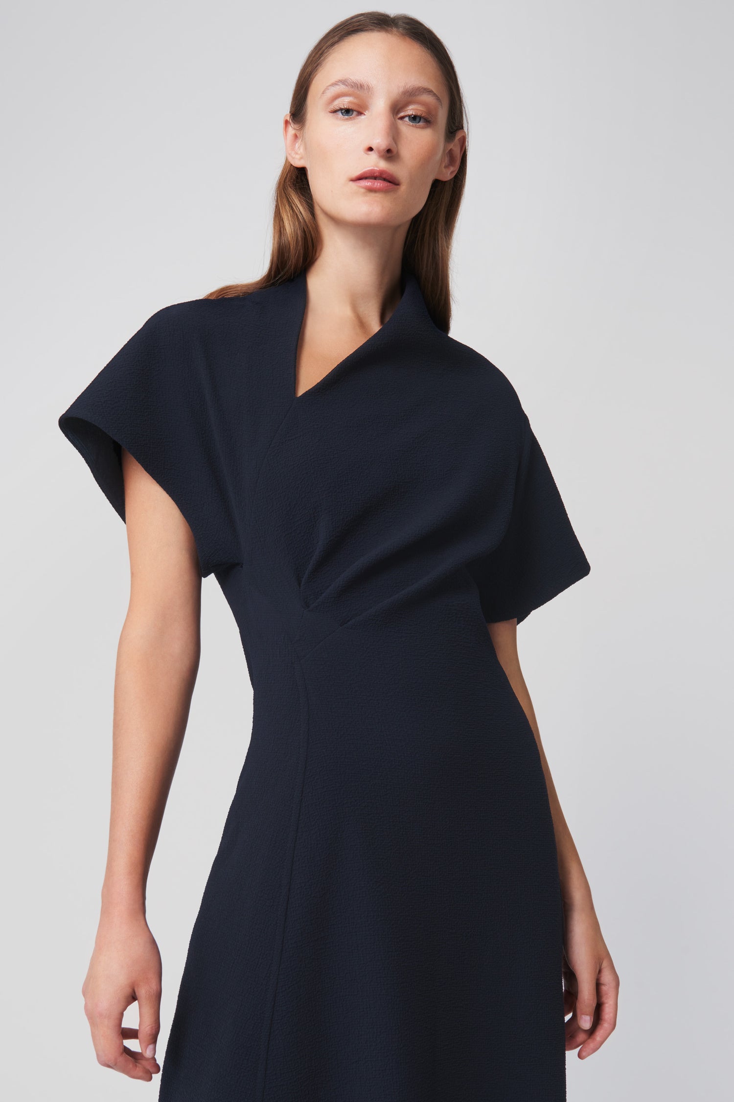 Asymmetric Neck Flare Dress in Navy