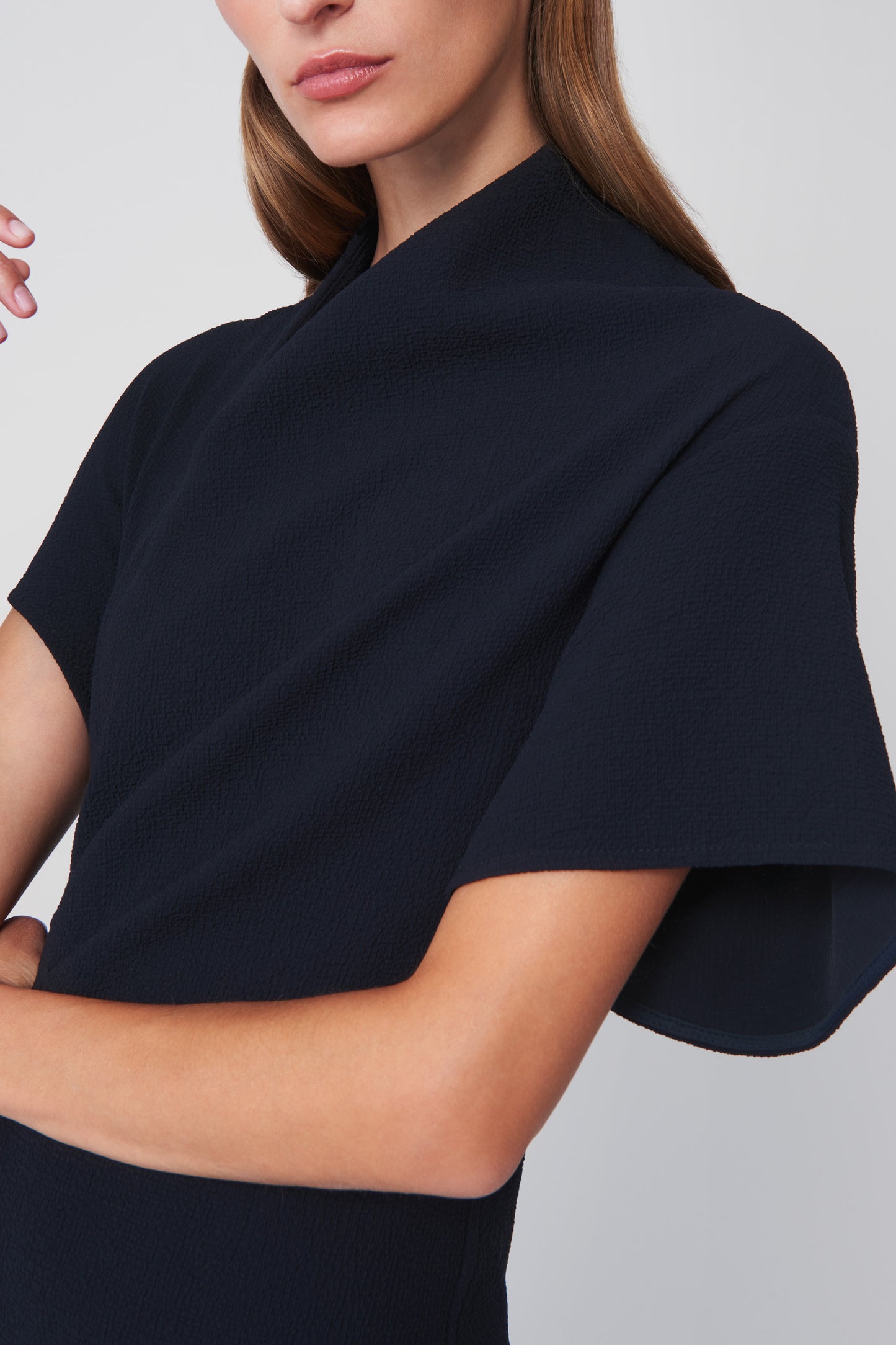 Asymmetric Neck Flare Dress in Navy