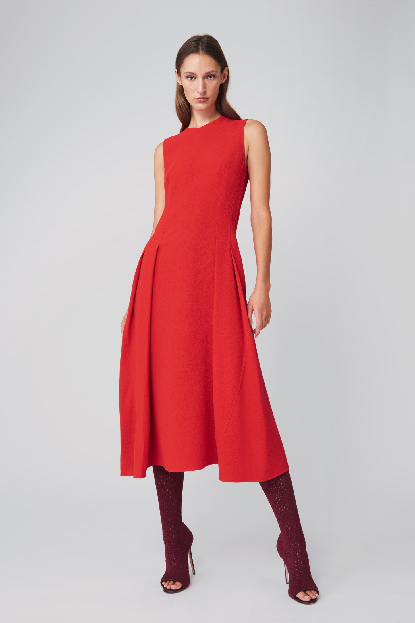 Pleated Flare Midi Dress in Candy Red