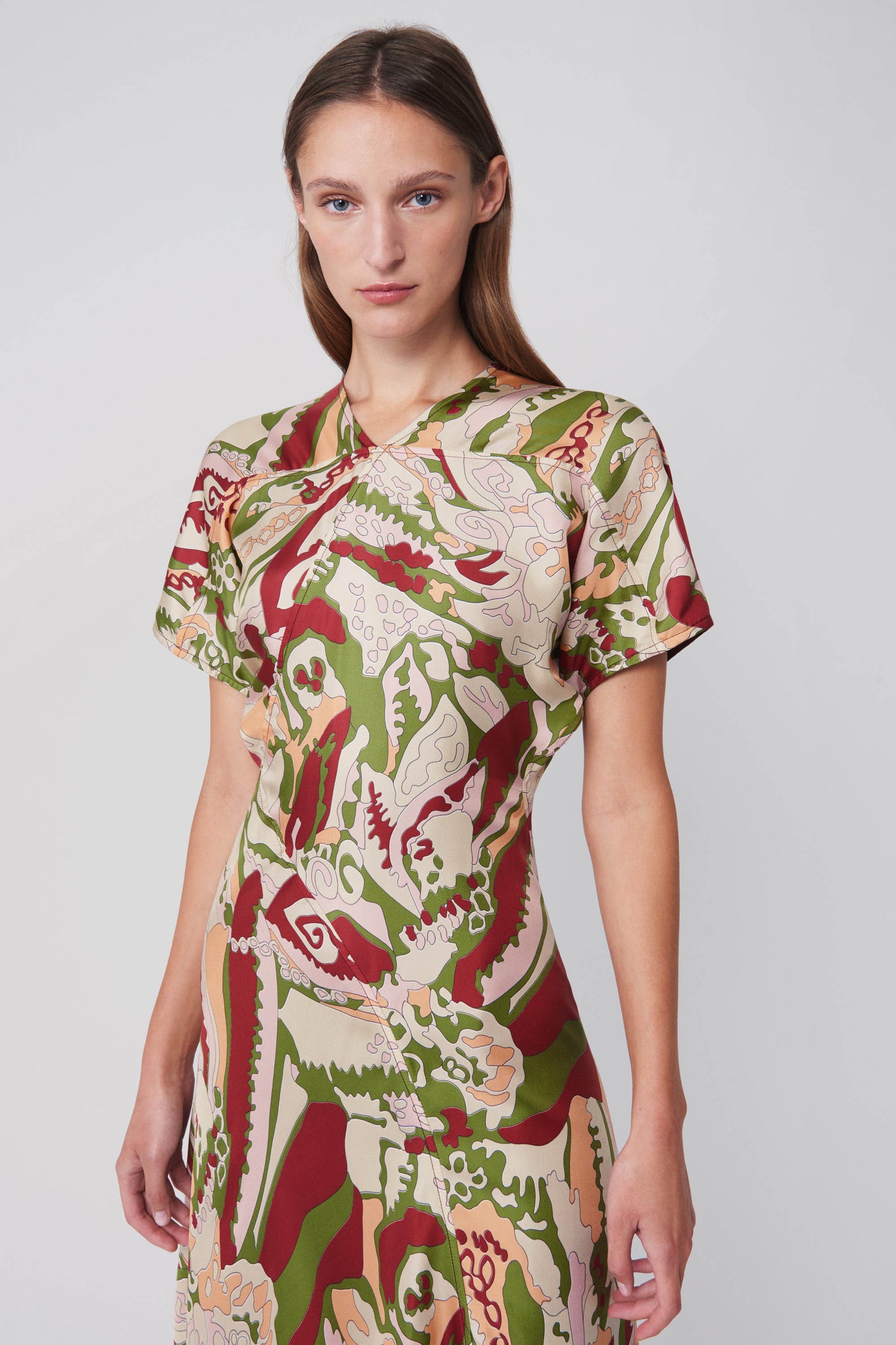 V-Neck Panelled Flare Dress in Abstract Print