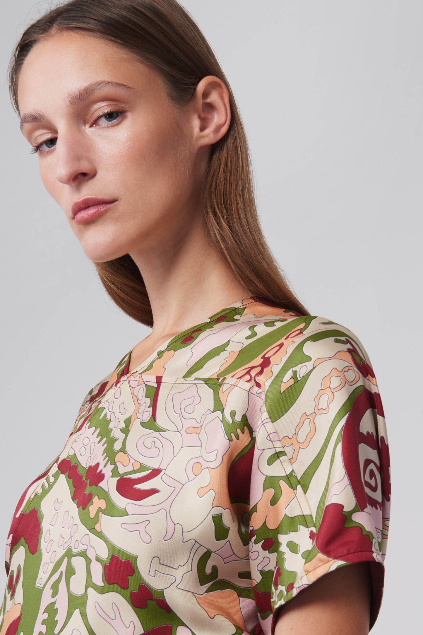 V-Neck Panelled Flare Dress in Abstract Print
