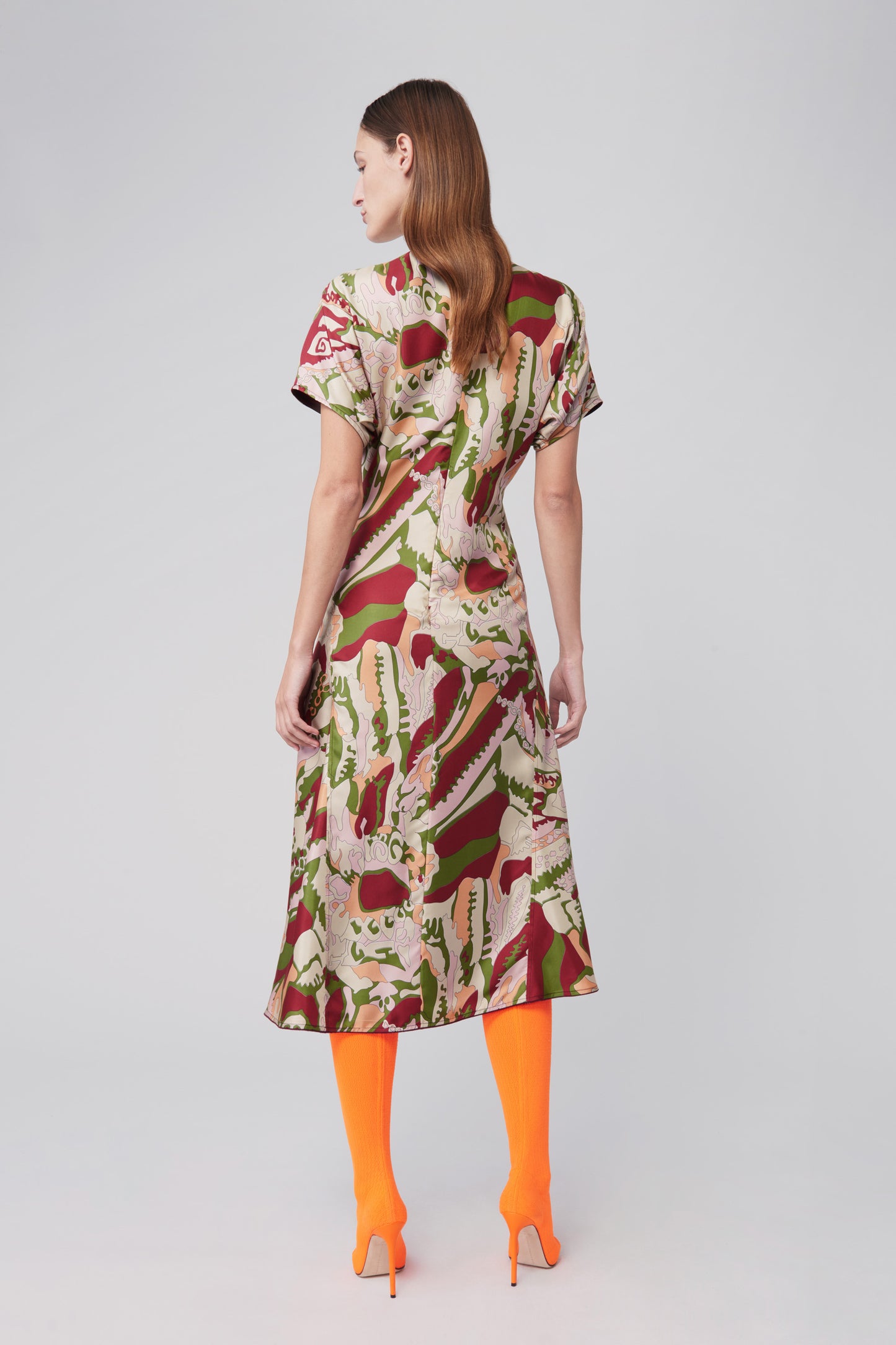V-Neck Panelled Flare Dress in Abstract Print