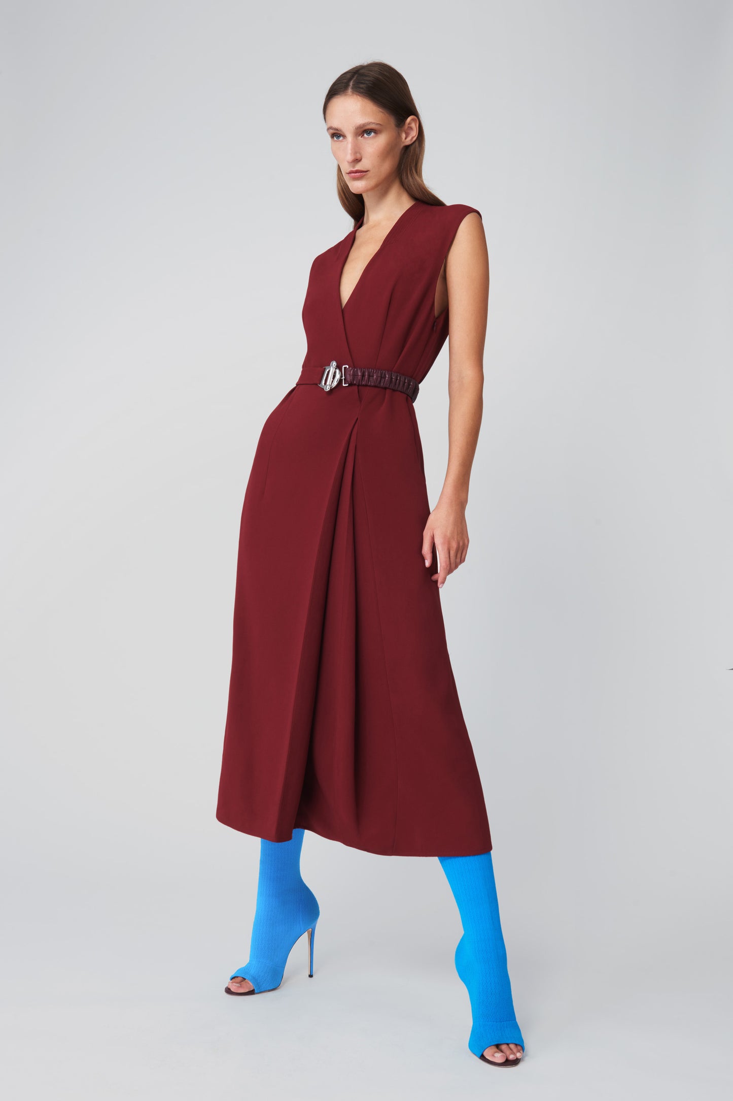 Belted Wrap Dress in Bordeaux Red