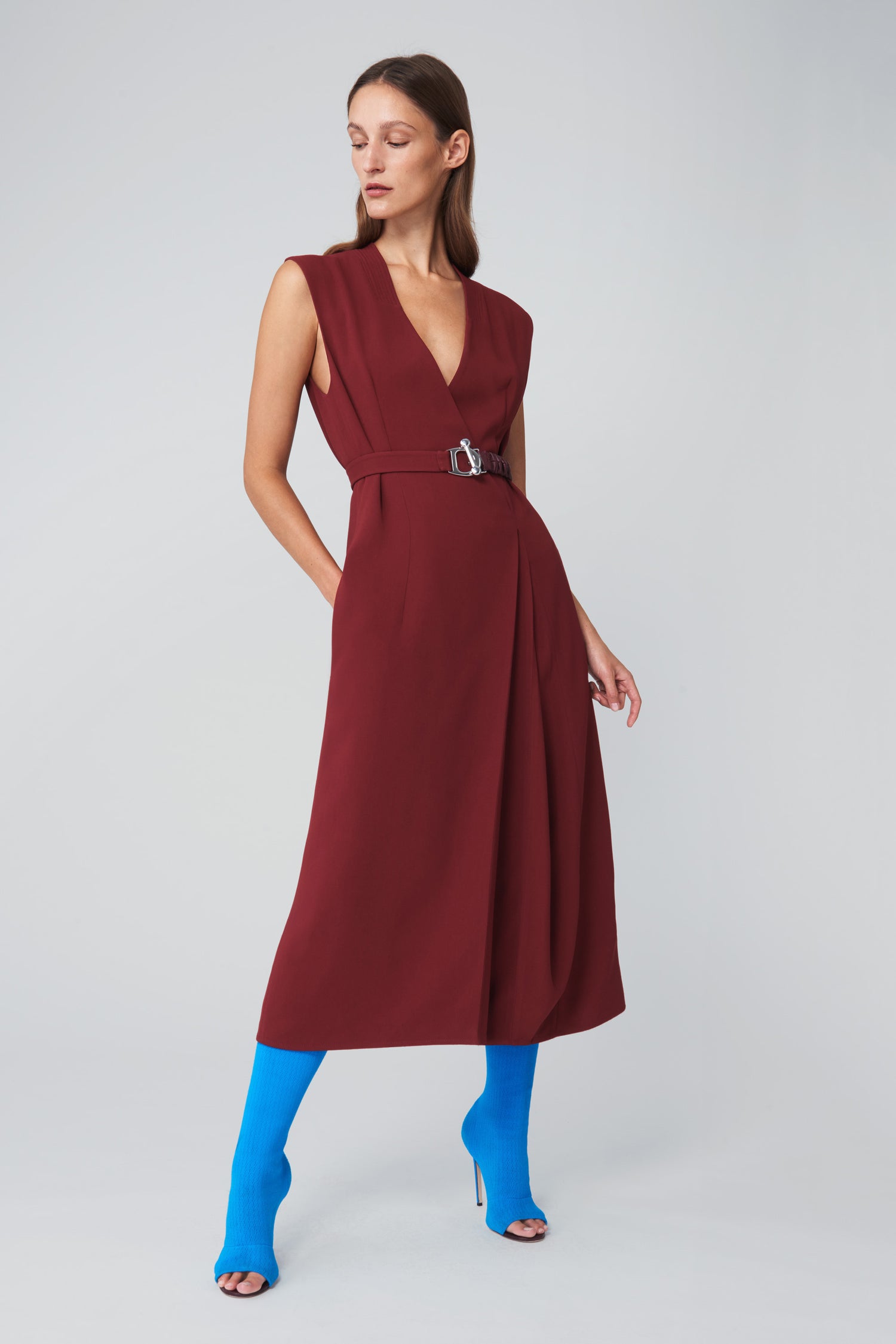 Belted Wrap Dress in Bordeaux Red
