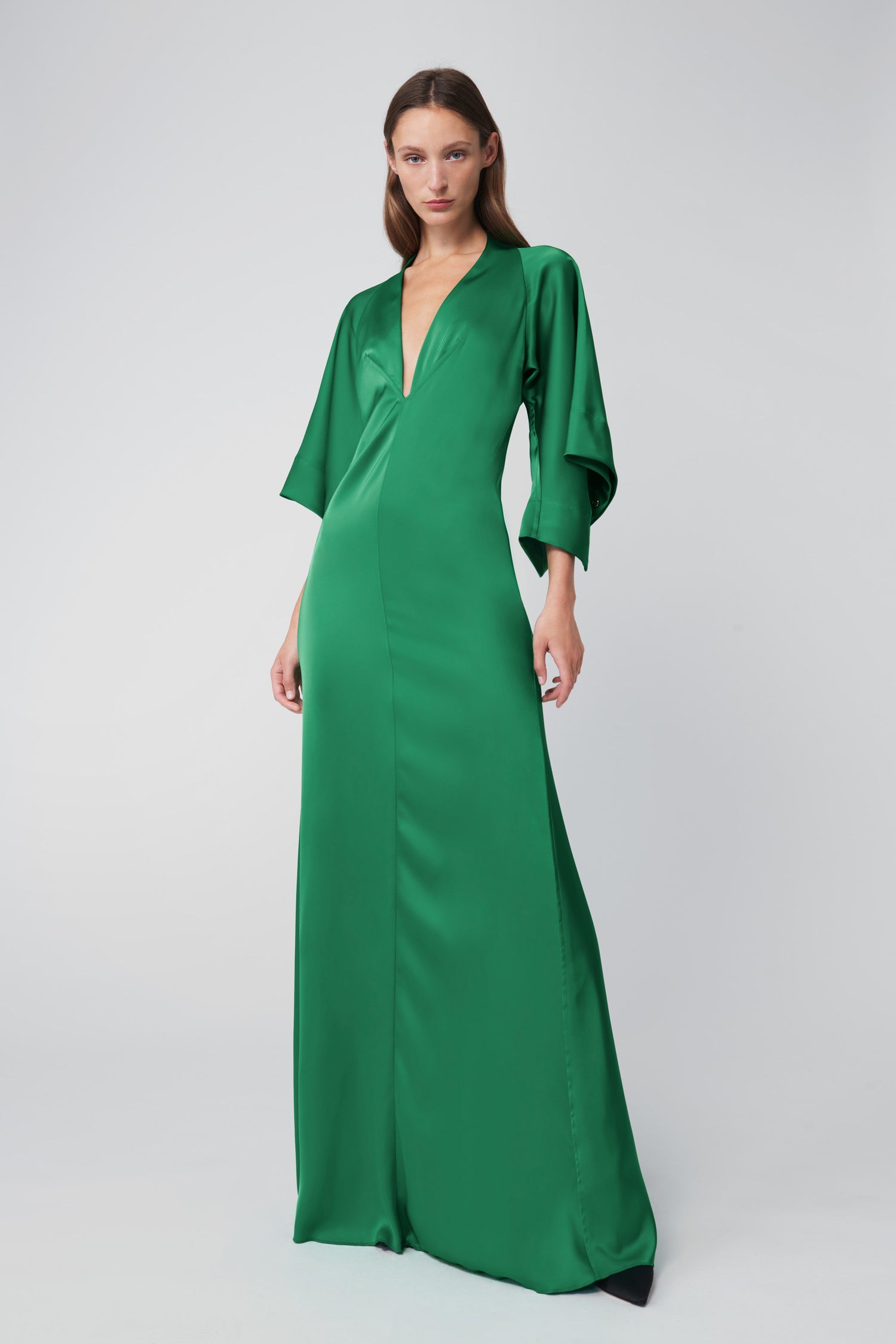 Draped Sleeve Evening Dress in Emerald