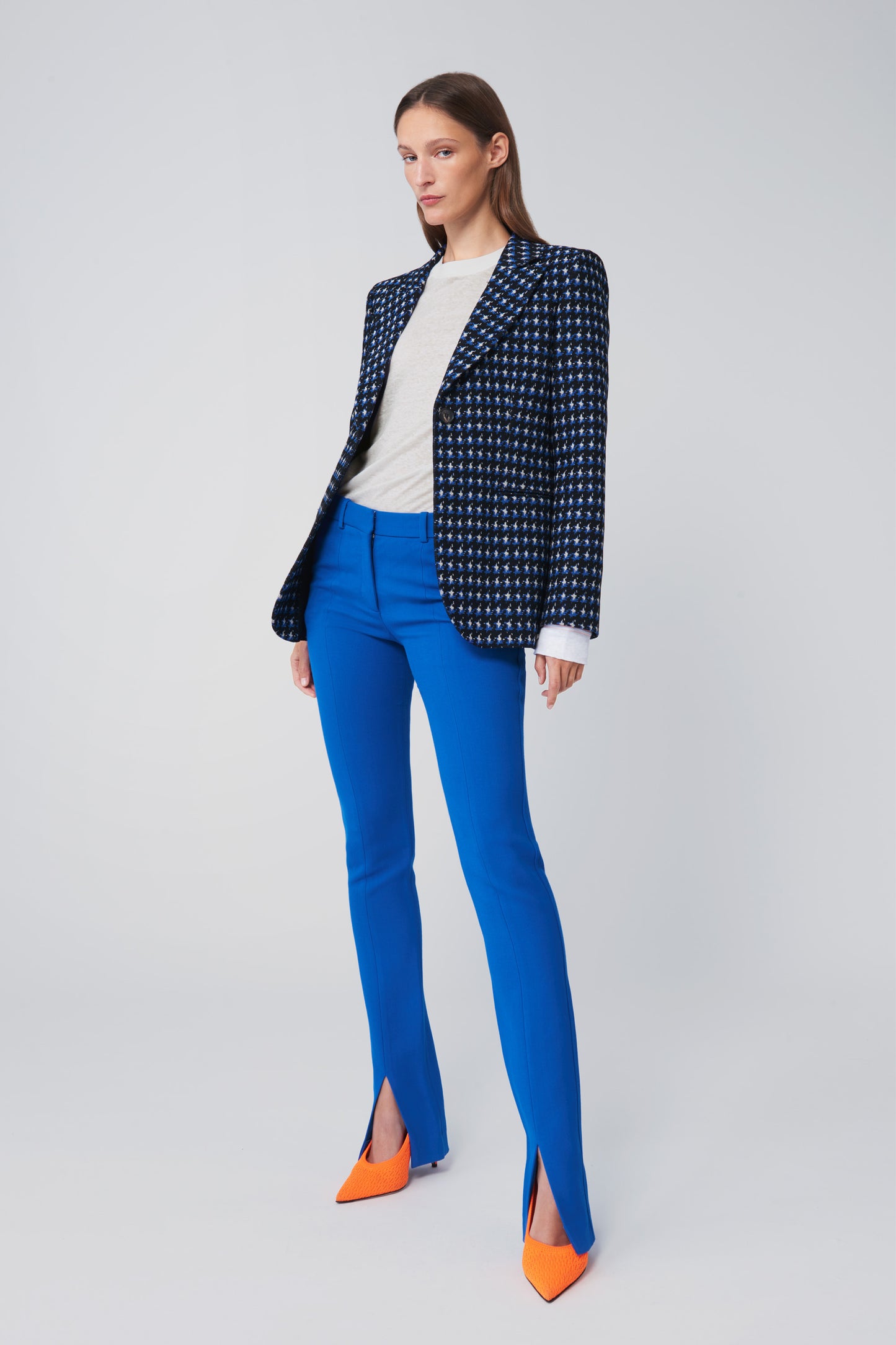 Single Breasted Fitted Jacket in Navy Houndstooth