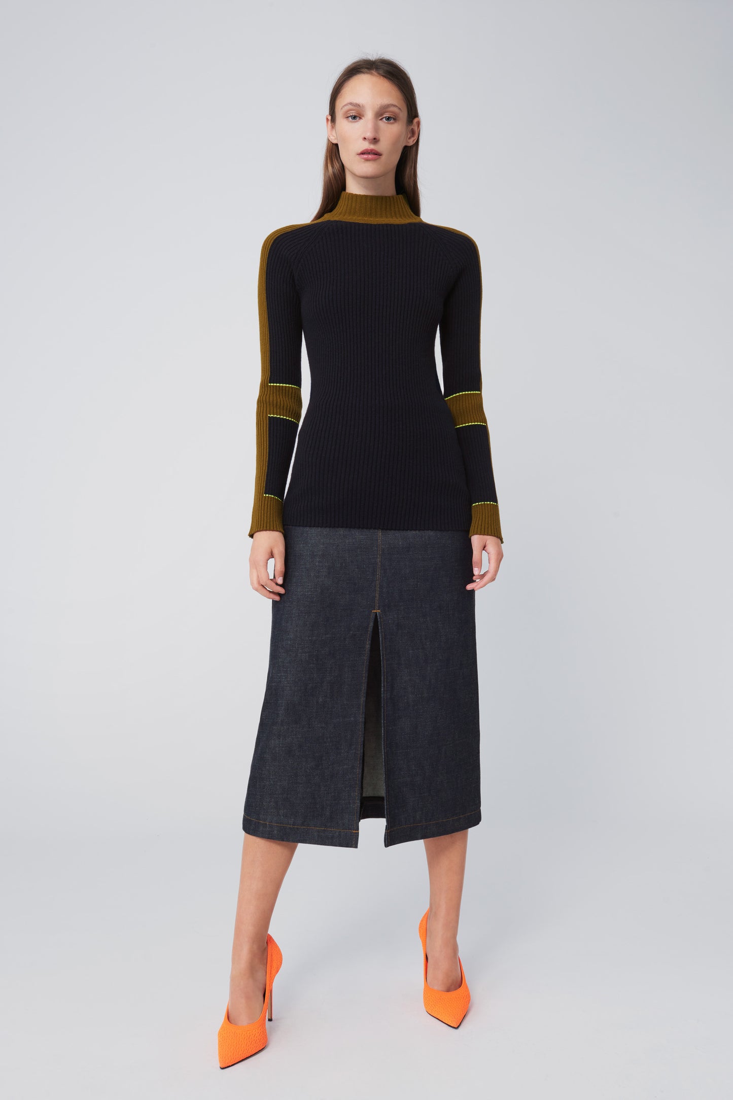 Colour Block Mock Neck Jumper in Navy/Olive Green