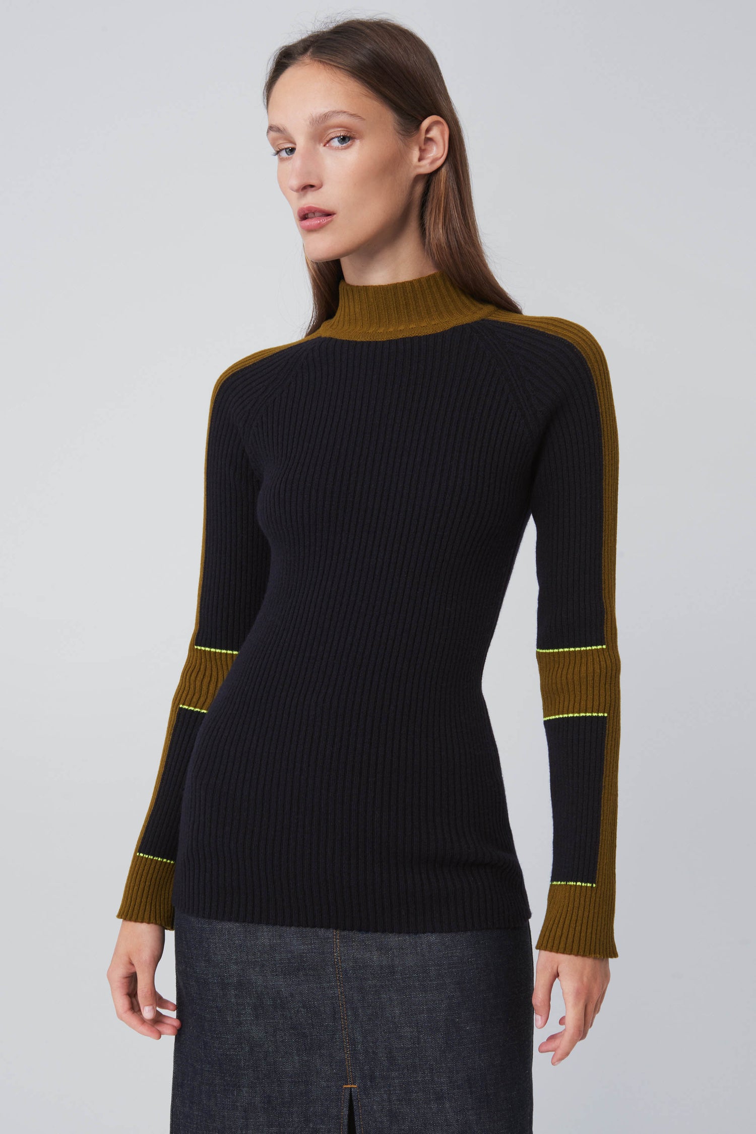 Colour Block Mock Neck Jumper in Navy/Olive Green