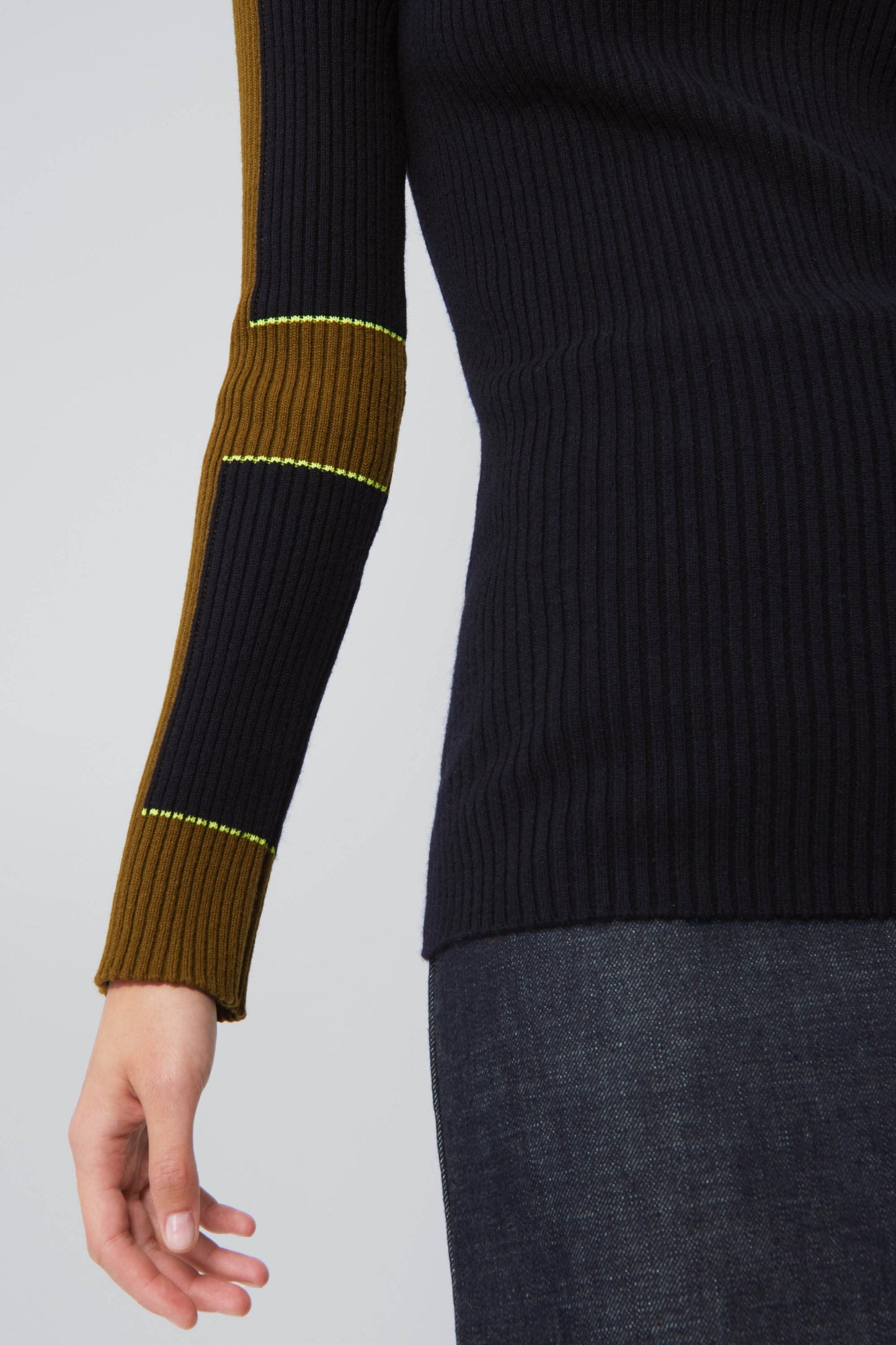Colour Block Mock Neck Jumper in Navy/Olive Green