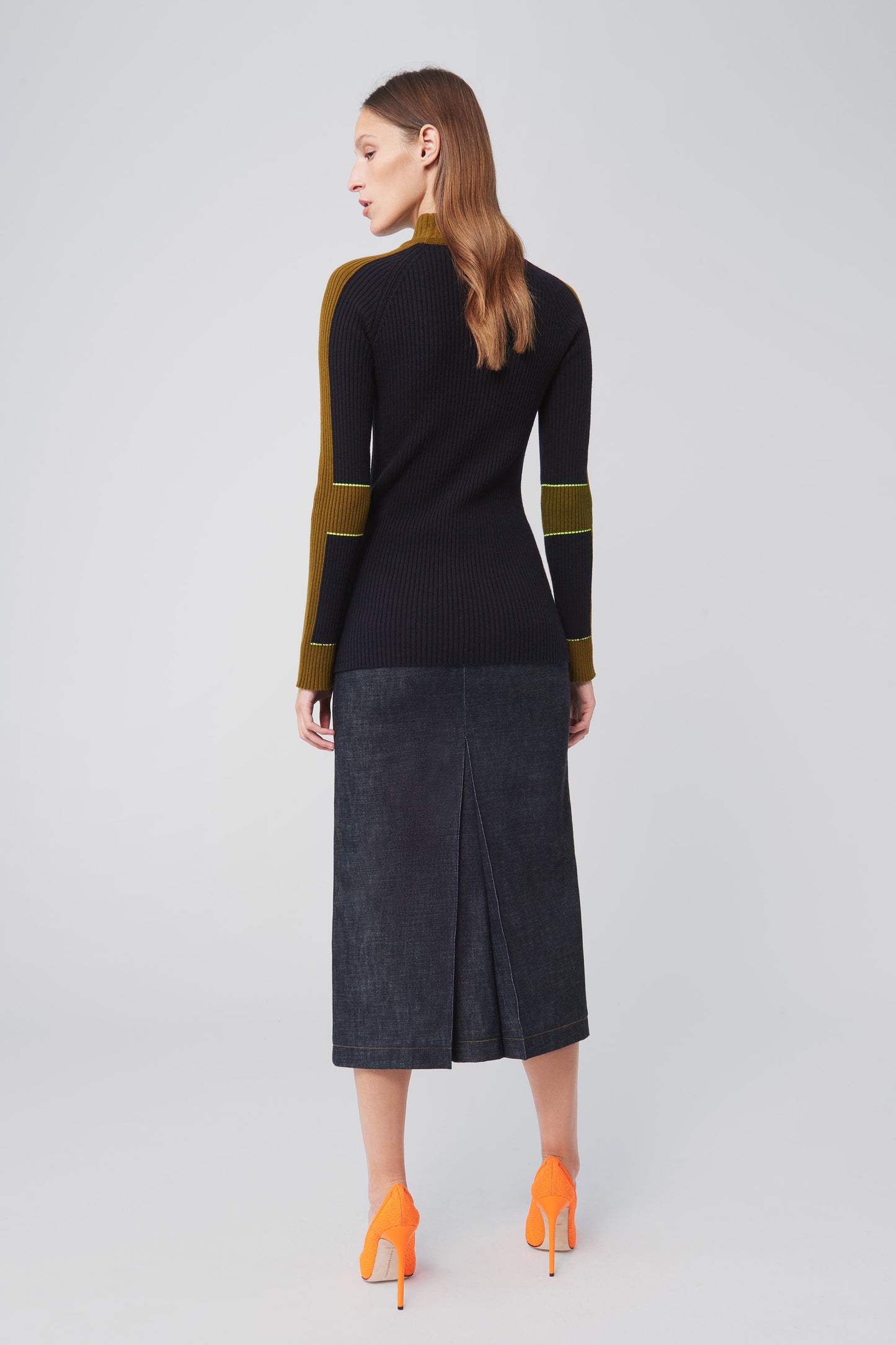 Colour Block Mock Neck Jumper in Navy/Olive Green