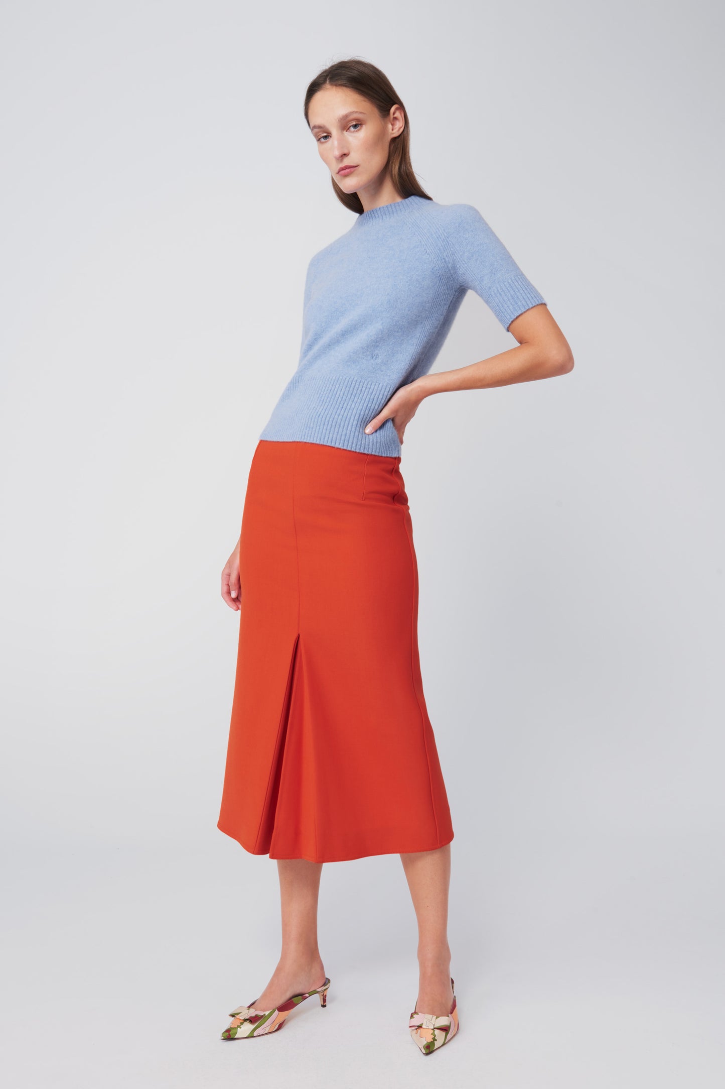 Box Pleat Midi Skirt in Orange