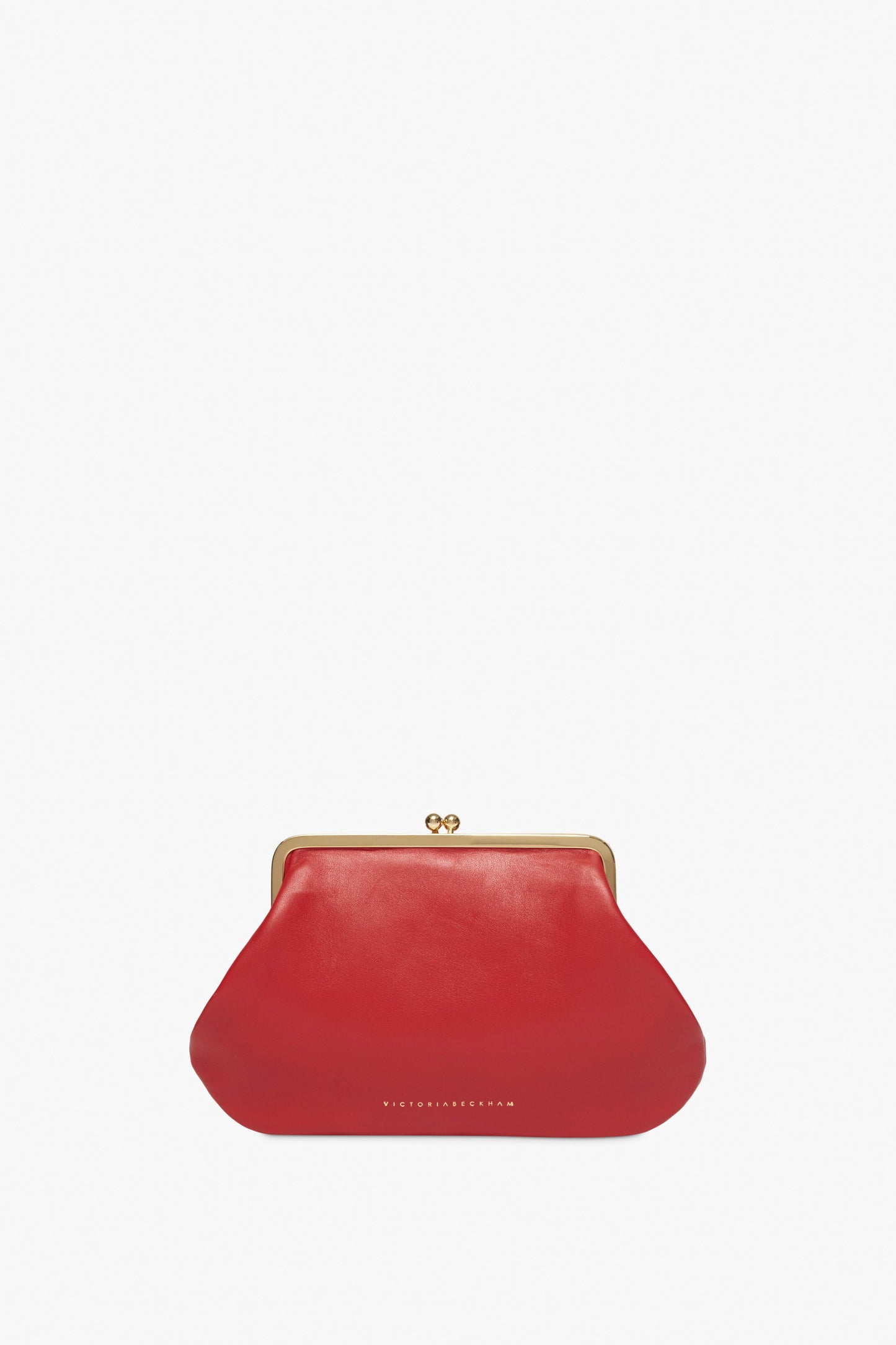 The Victoria Beckham Pocket Clutch In Bright Red features a gold metal frame and clasp, shown on a white background—an elegant choice for a Chinese New Year gift.
