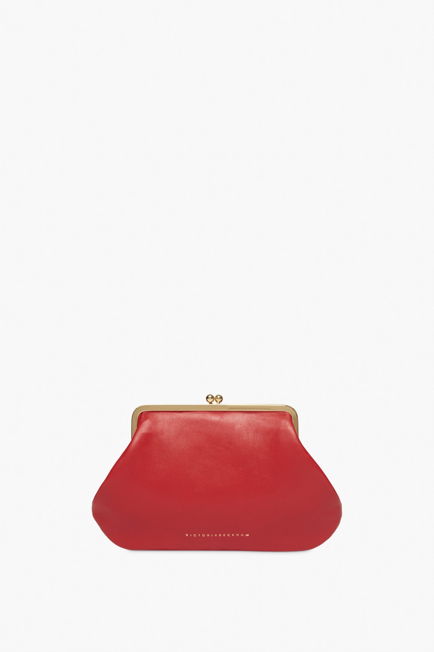 The Victoria Beckham Pocket Clutch In Bright Red features a gold metal frame and clasp, shown on a white background—an elegant choice for a Chinese New Year gift.