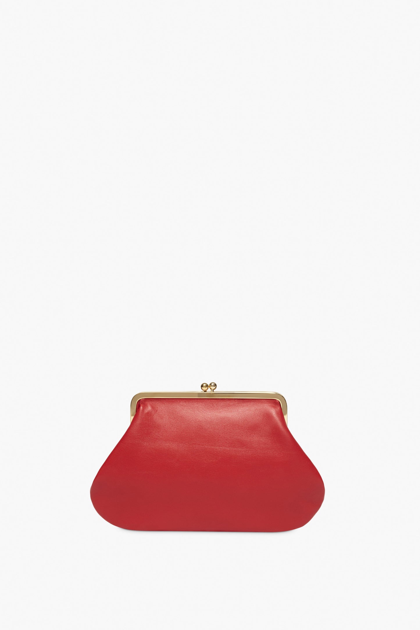 The Victoria Beckham Pocket Clutch in Bright Red, crafted from nappa leather with a gold clasp, is displayed on a white background—a stylish coin purse and elegant gift for Chinese New Year.