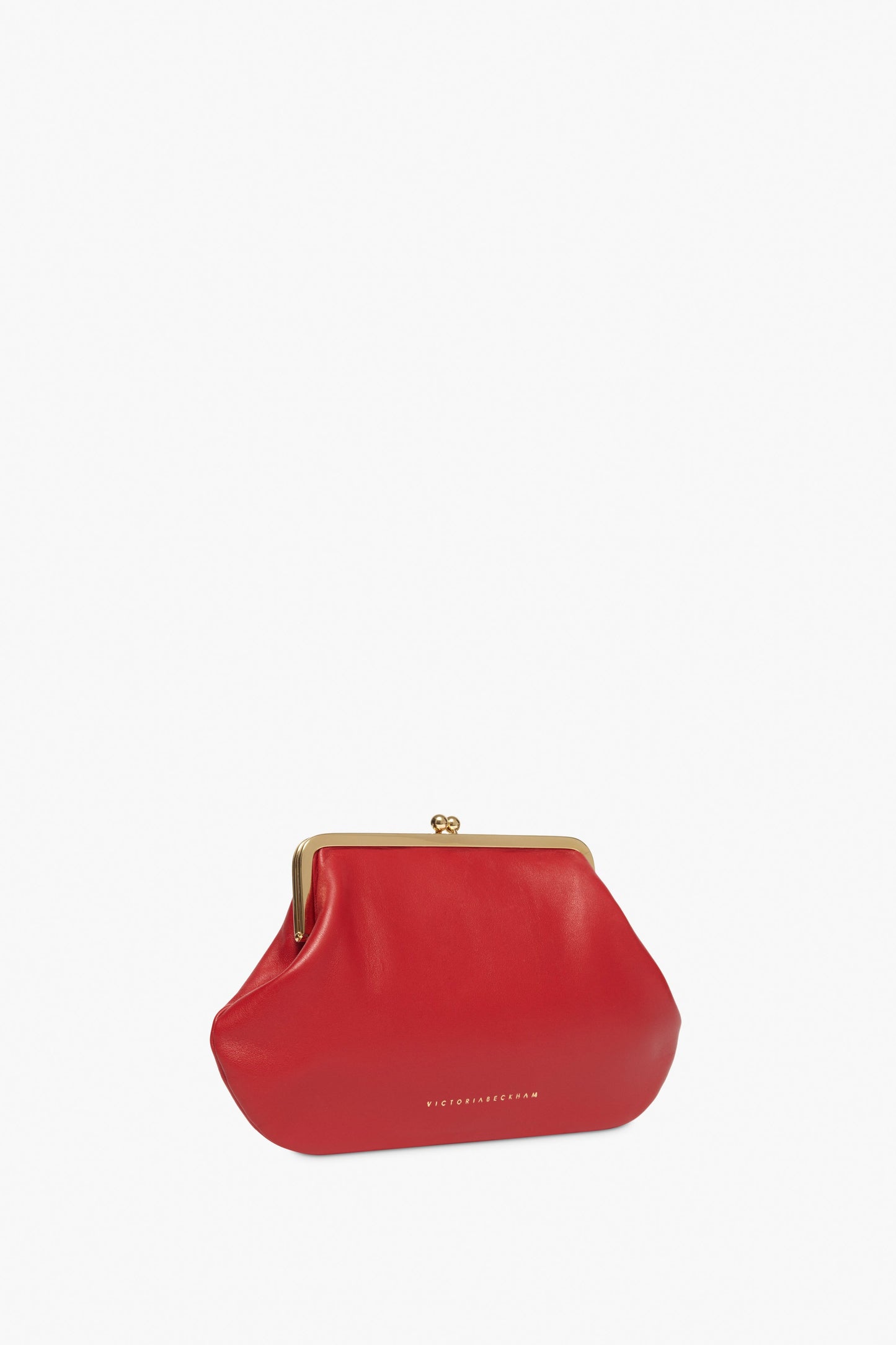 Victoria Beckham’s Pocket Clutch in Bright Red, featuring nappa leather and a gold metal clasp, is set against a plain white background—an elegant gift idea for Chinese New Year.