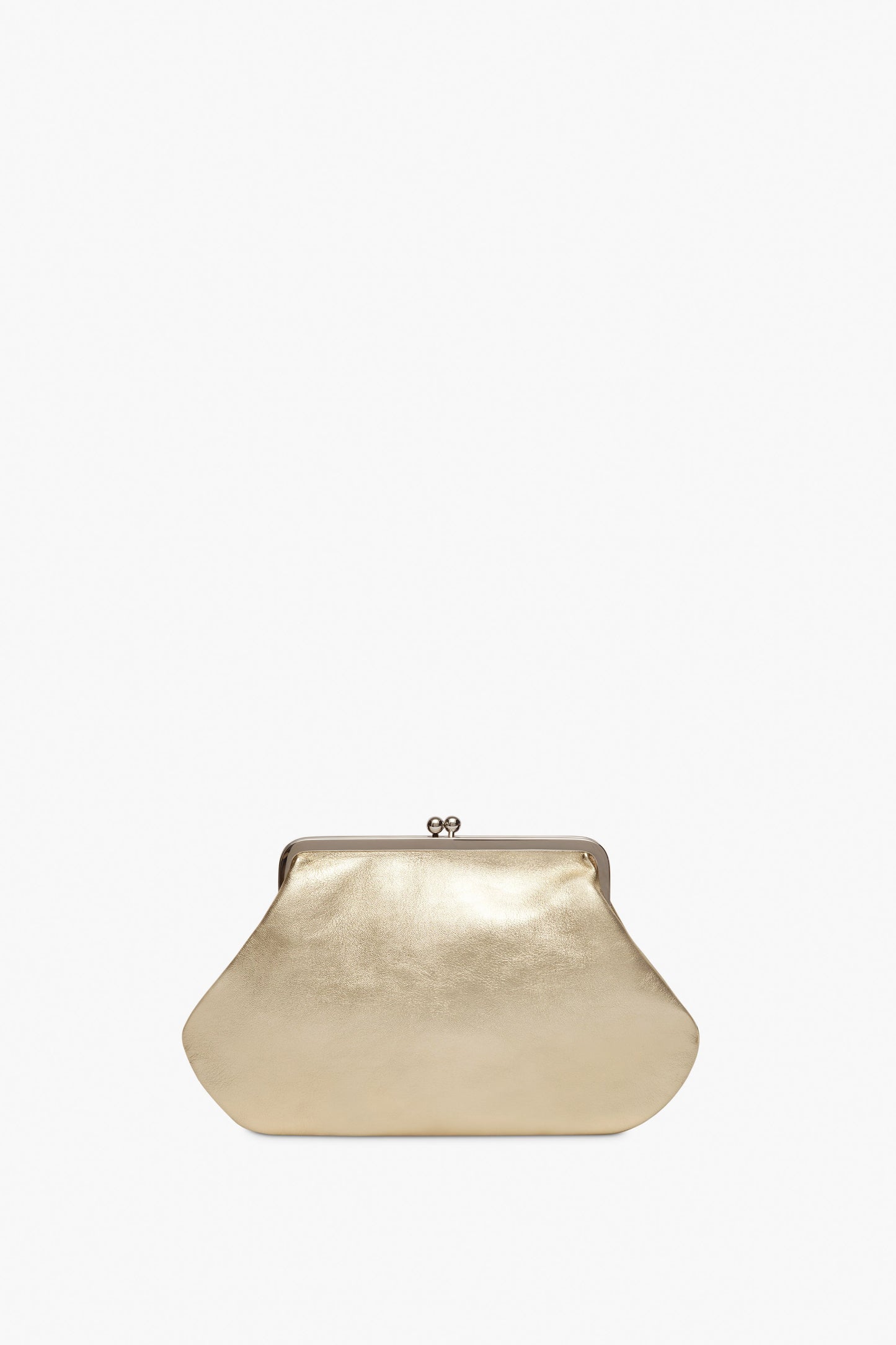 Victoria Beckham's Pocket Clutch in Gold features a metallic finish with a kiss lock clasp and silver frame, set on a plain white background.
