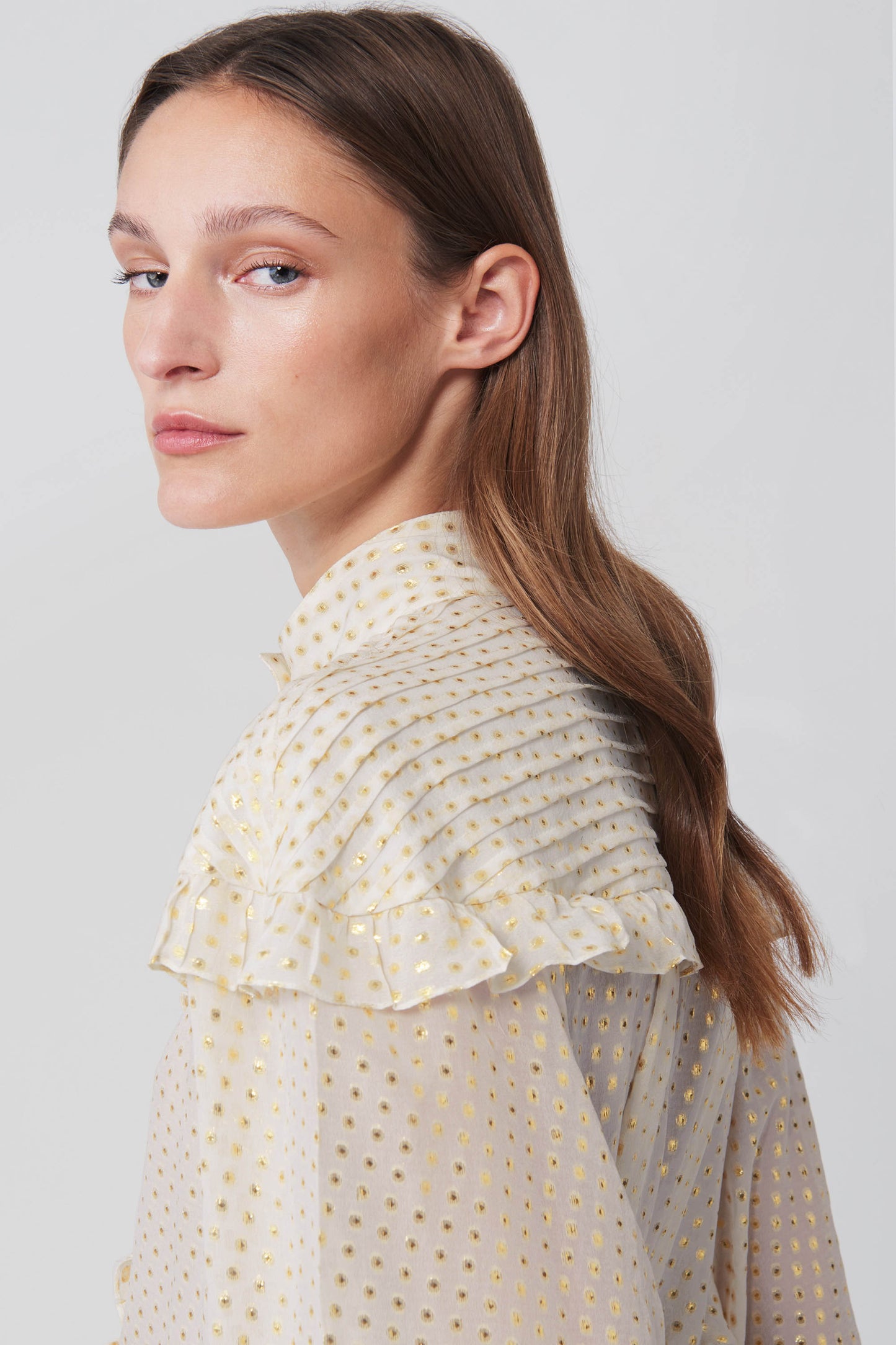 Pintuck Ruffle Blouse in Off-White