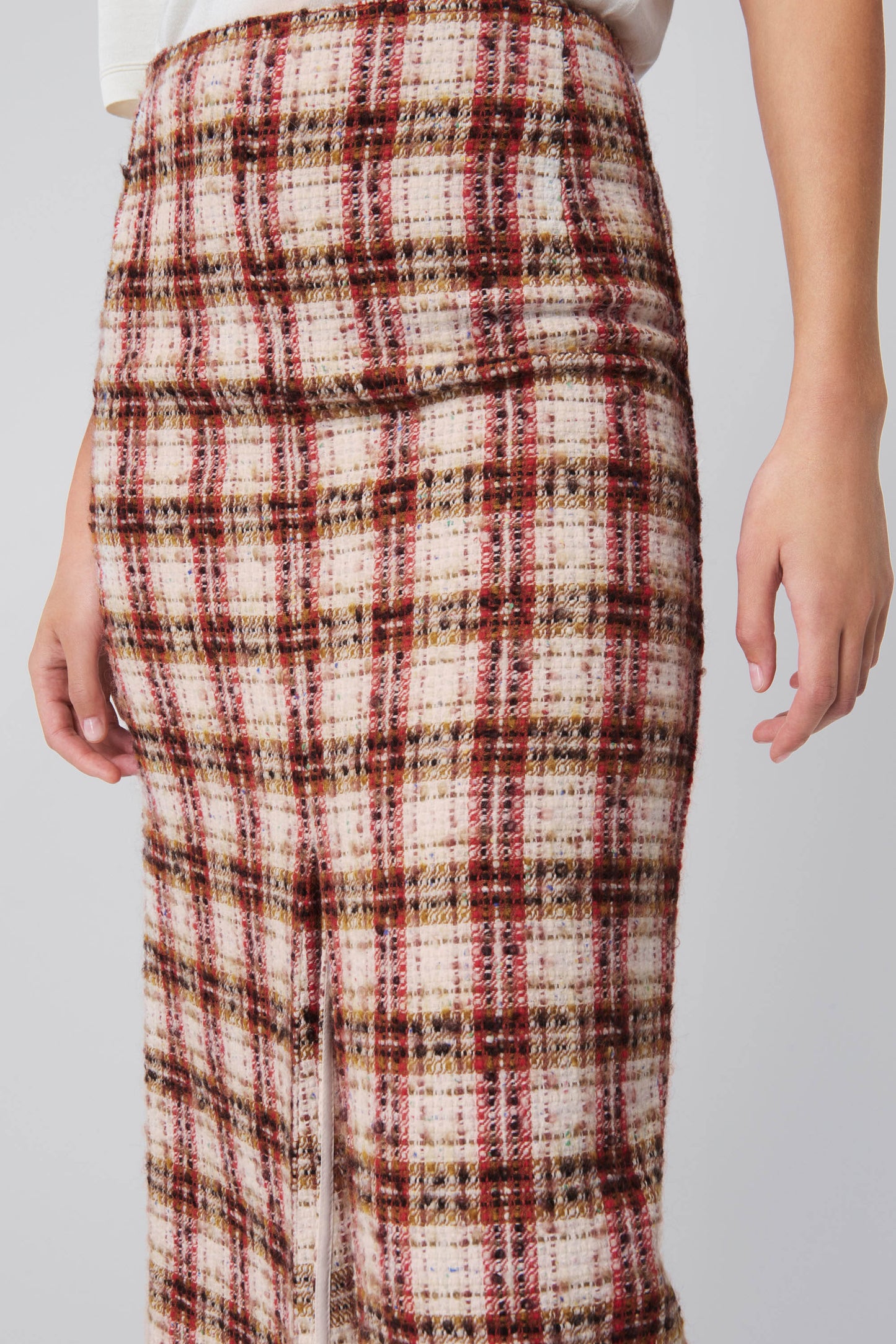 Box Pleat Midi Skirt in Red Check Tweed