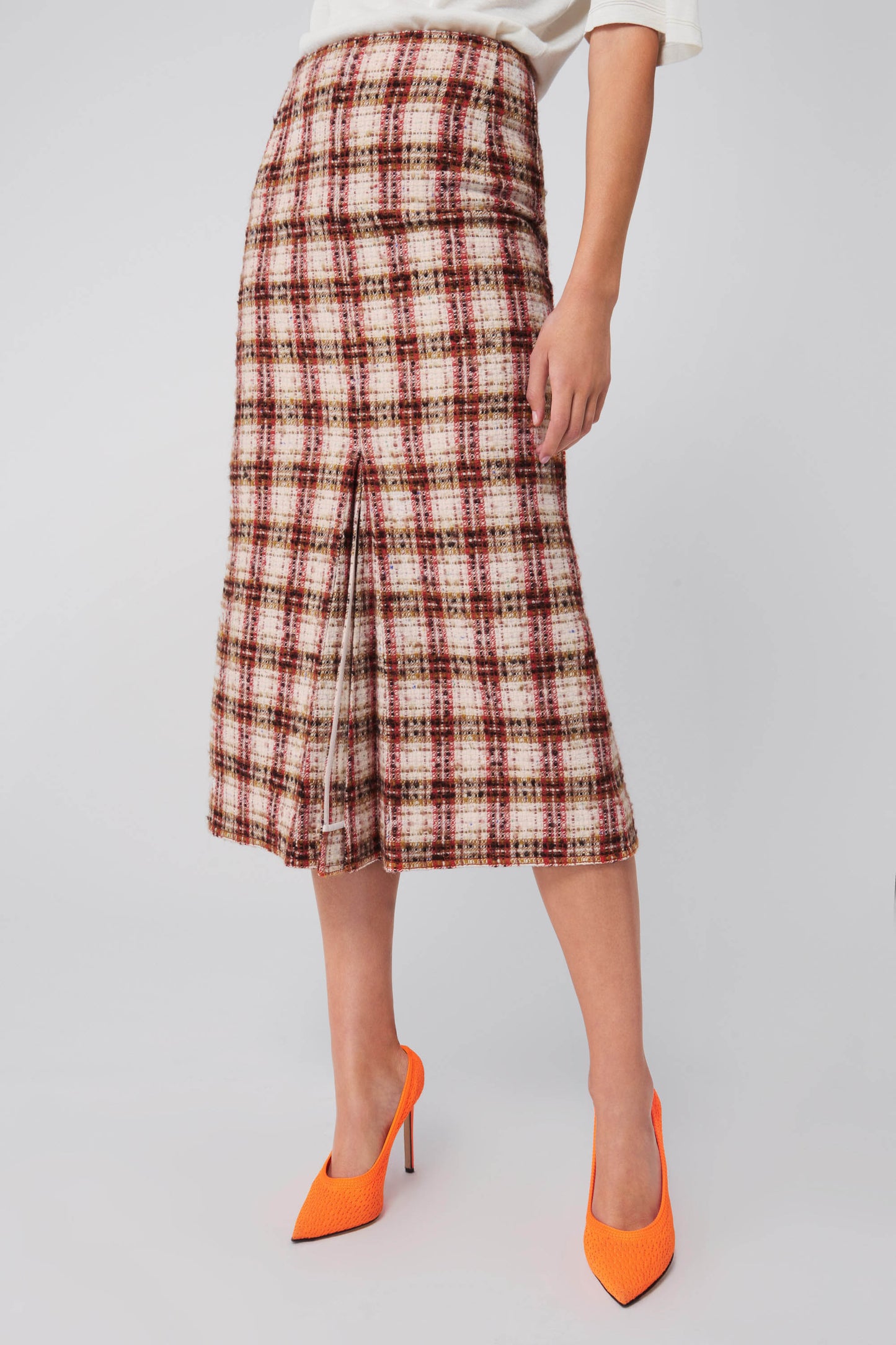Box Pleat Midi Skirt in Red Check Tweed