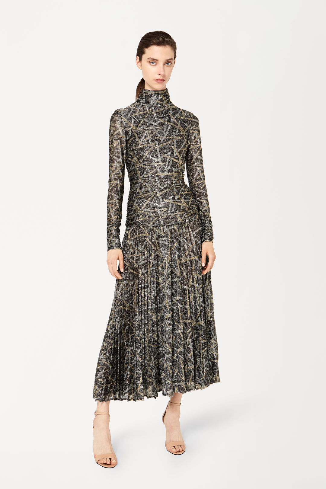 Pleated High-Neck Dress in Lurex Print