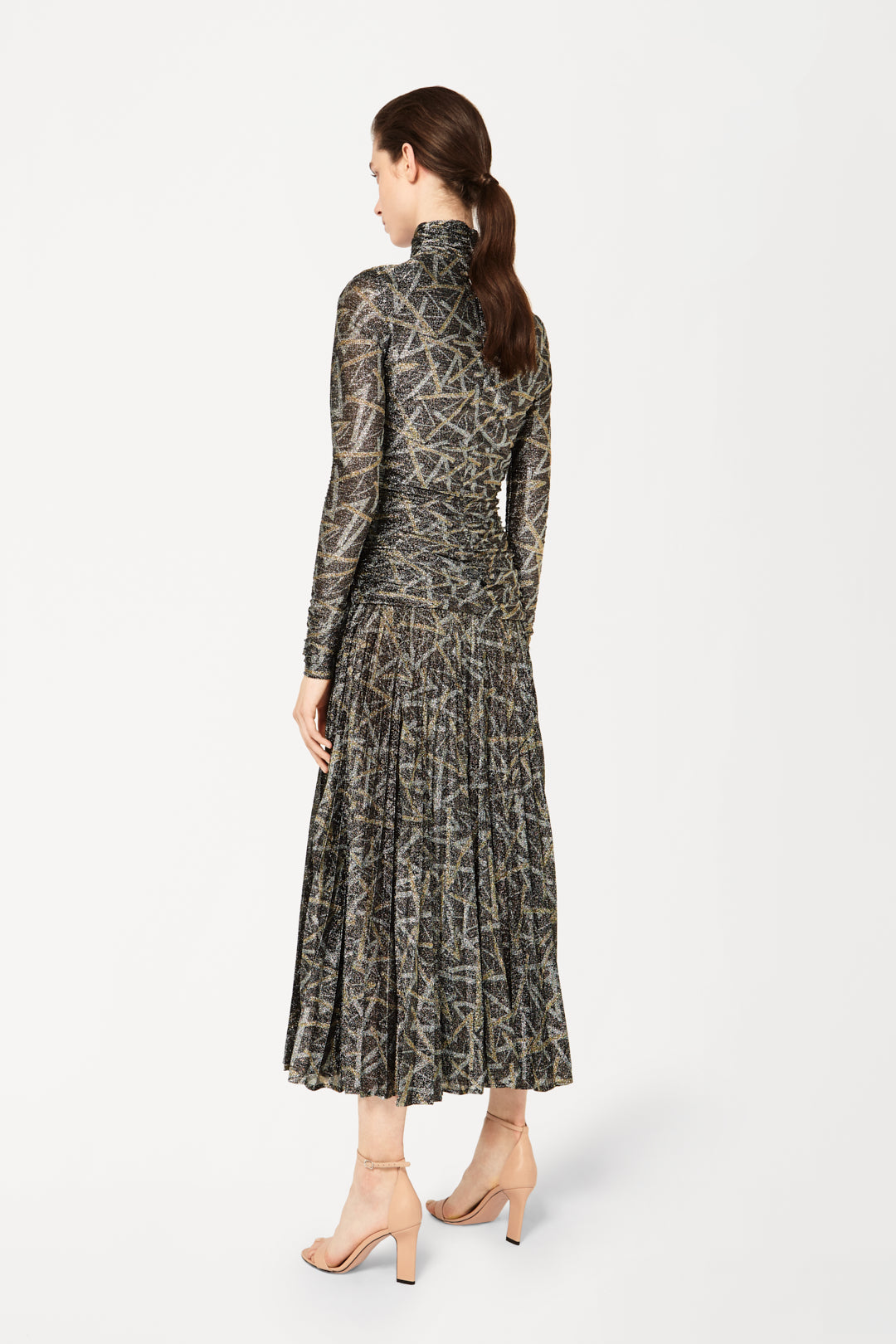 Pleated High-Neck Dress in Lurex Print