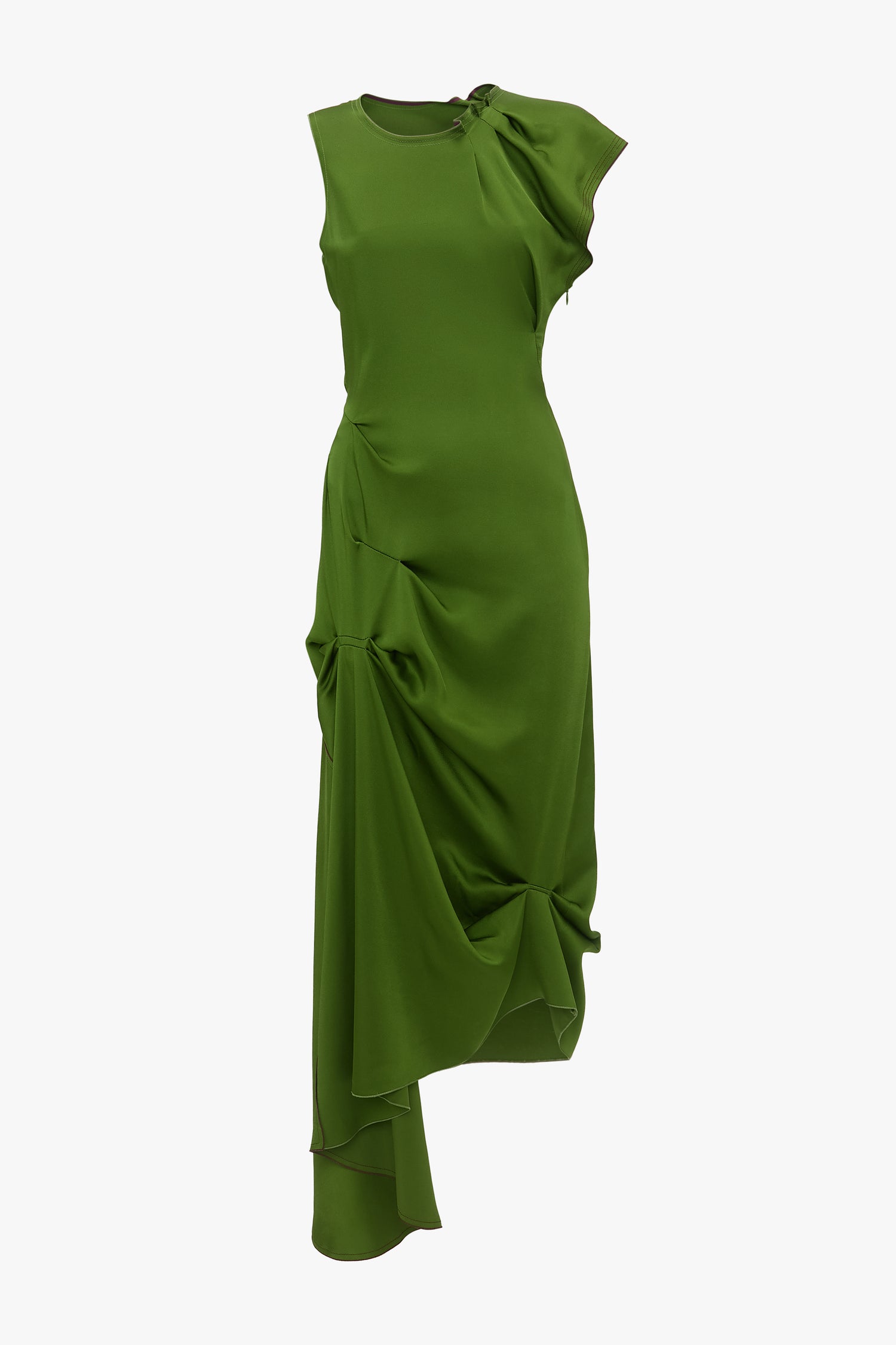 This Draped Tuck Detail Midi Dress from Victoria Beckham in Algae Green features elegant gathered and draped tuck details.