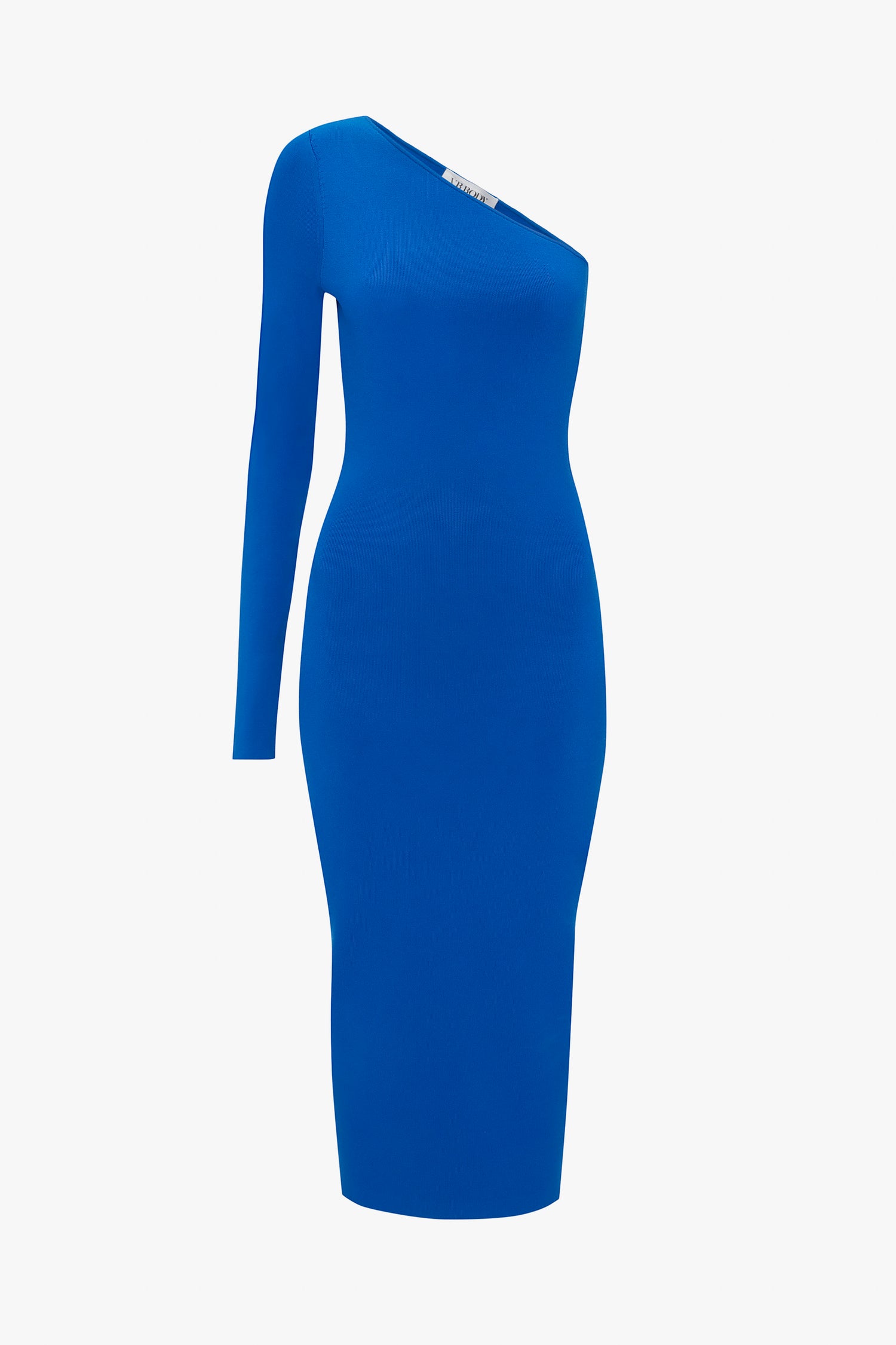 Victoria Beckham VB Body One Shoulder Midi Dress in Cobalt on a white background.