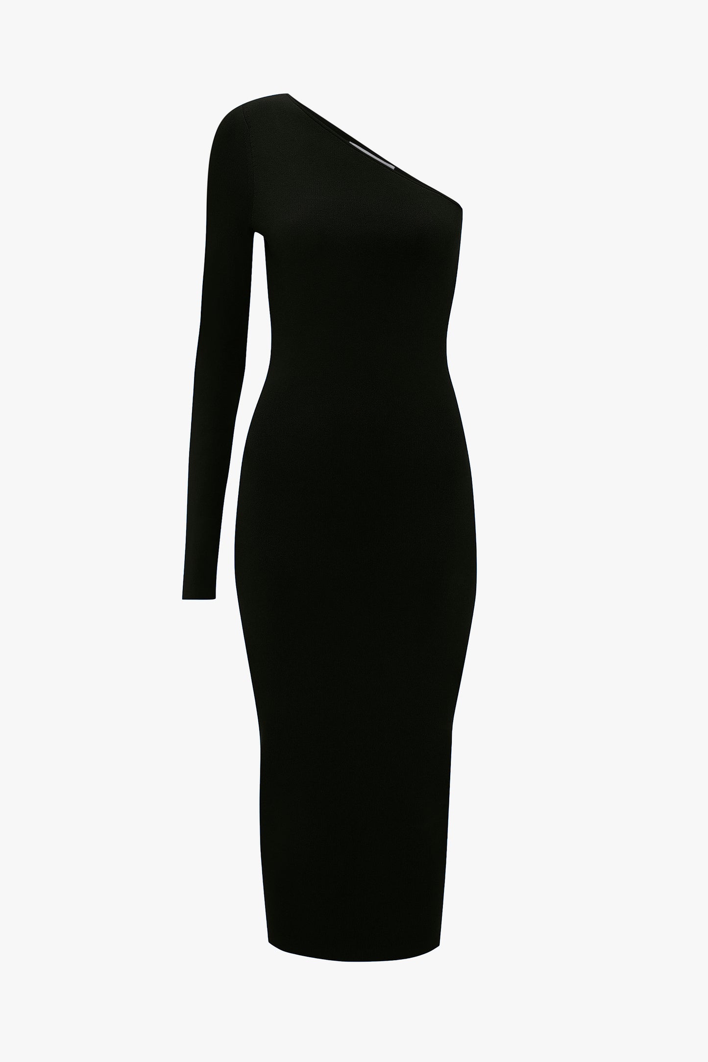A VB Body One Shoulder Midi Dress in Black by Victoria Beckham, featuring a bodycon fit with a long sleeve on one side, displayed against a plain background.