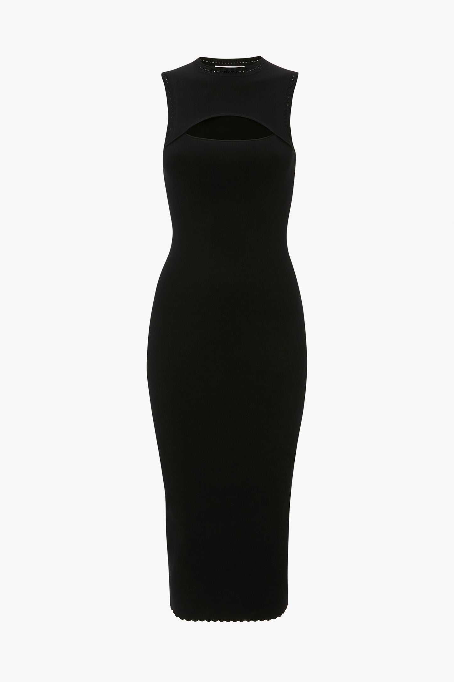 The VB Body Cut Out Midi Dress in Black by Victoria Beckham features a sleeveless, bodycon silhouette with a cutout design at the chest and a high neckline, all showcased on a plain white background.