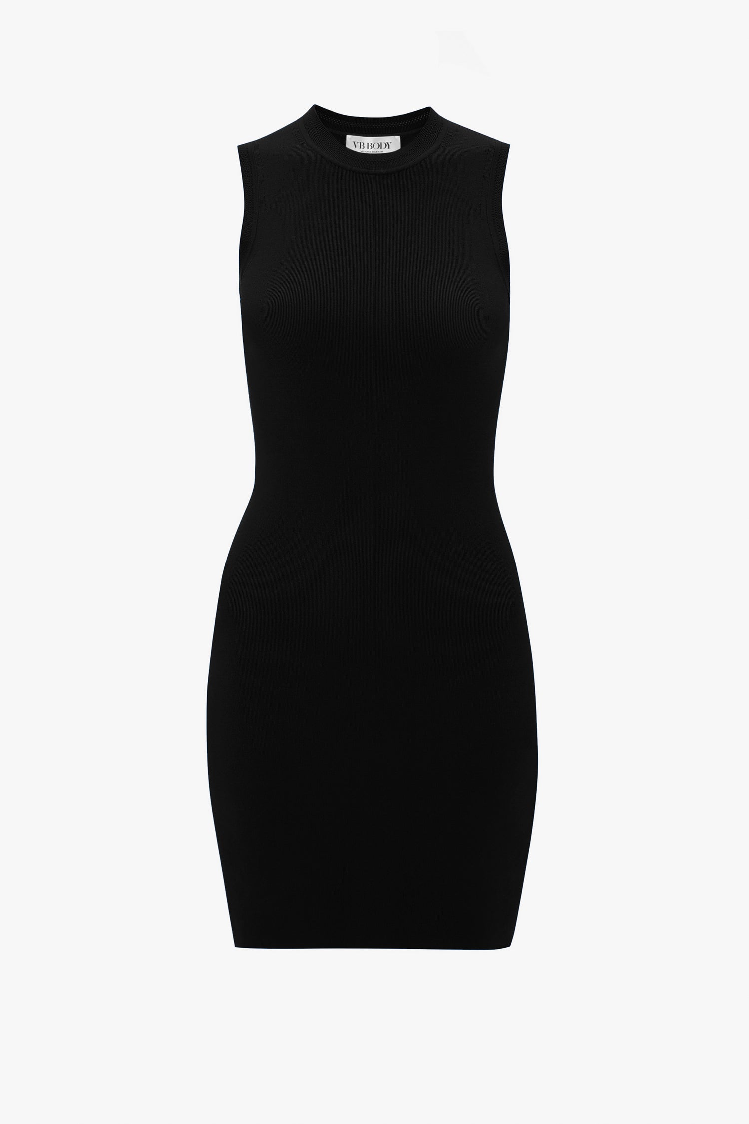 The VB Body Mini Dress in Black by Victoria Beckham, a sleeveless, form-fitting dress with a high neckline, is displayed on a plain background.