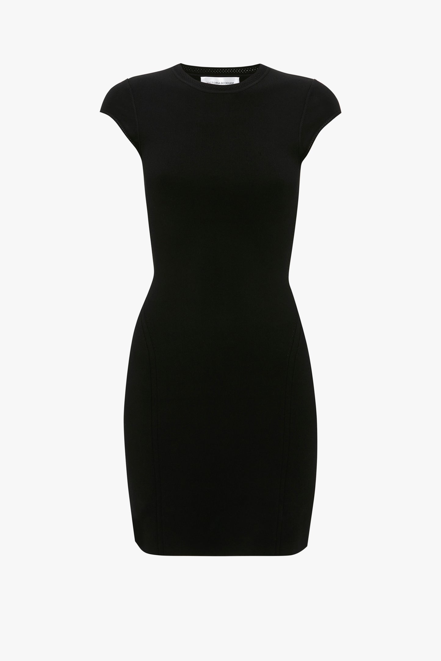 The VB Body Compact Cap Sleeve Mini Dress in Black by Victoria Beckham is a simple, form-fitting dress with cap sleeves and a round neckline, displayed against a plain white background.