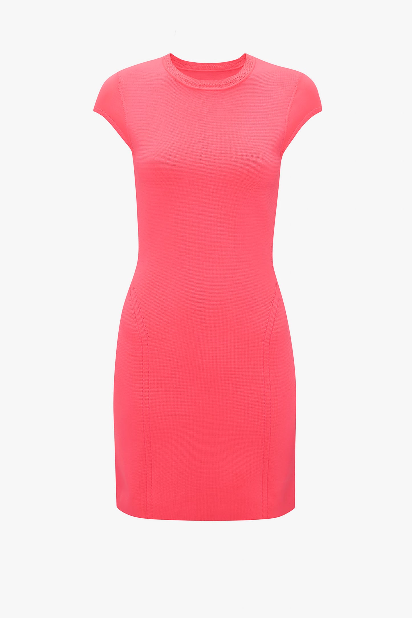 Introducing the VB Body Compact Cap Sleeve Mini Dress by Victoria Beckham, a coral-pink short-sleeve dress with a round neckline and a fitted, bodycon silhouette.