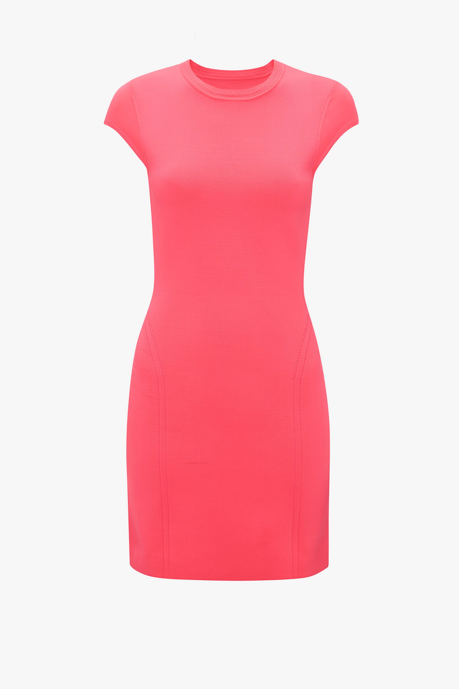 Introducing the VB Body Compact Cap Sleeve Mini Dress by Victoria Beckham, a coral-pink short-sleeve dress with a round neckline and a fitted, bodycon silhouette.