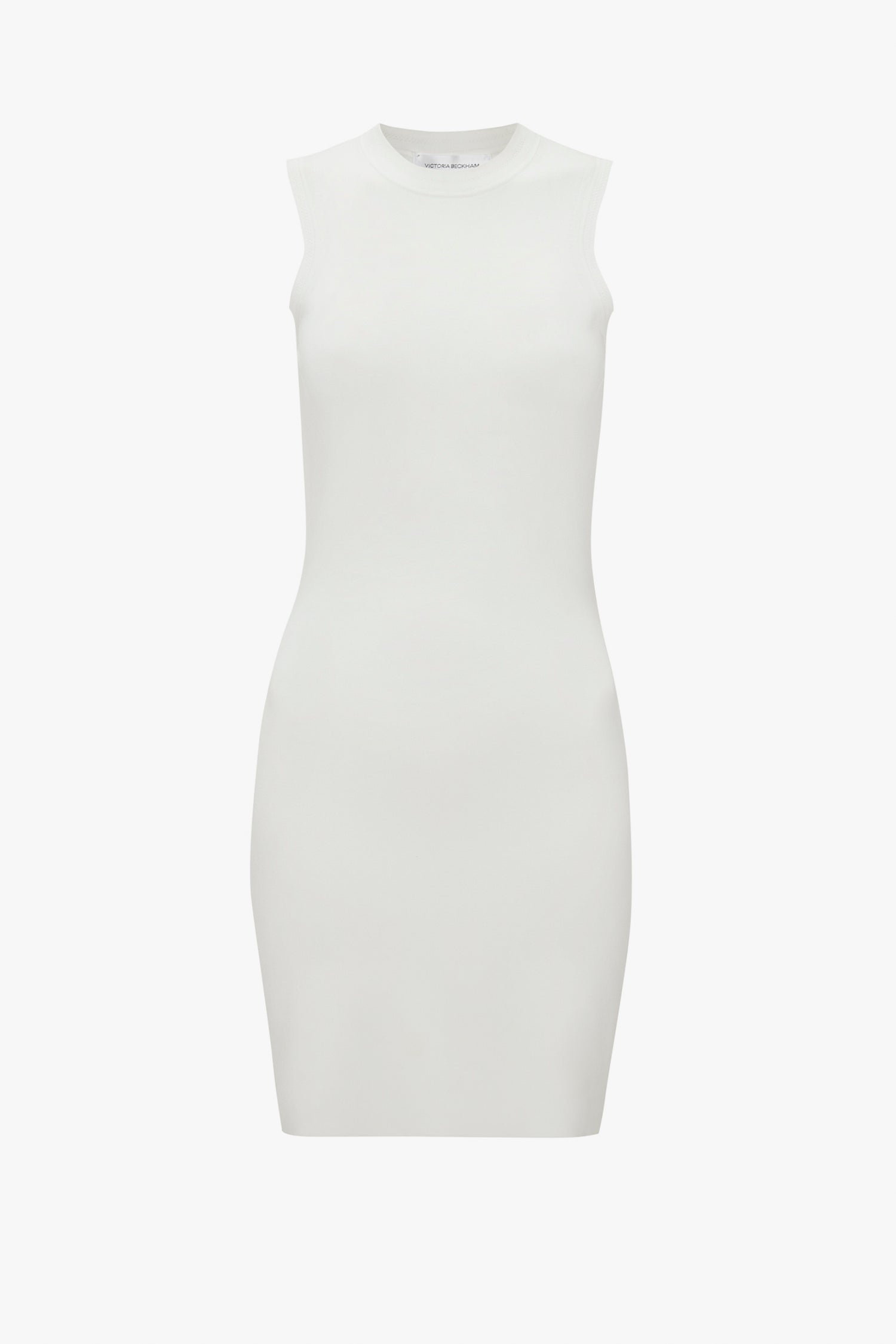 The VB Body Mini Dress in White by Victoria Beckham, a sleeveless bodycon dress with a crew neckline, displayed against a plain white background.