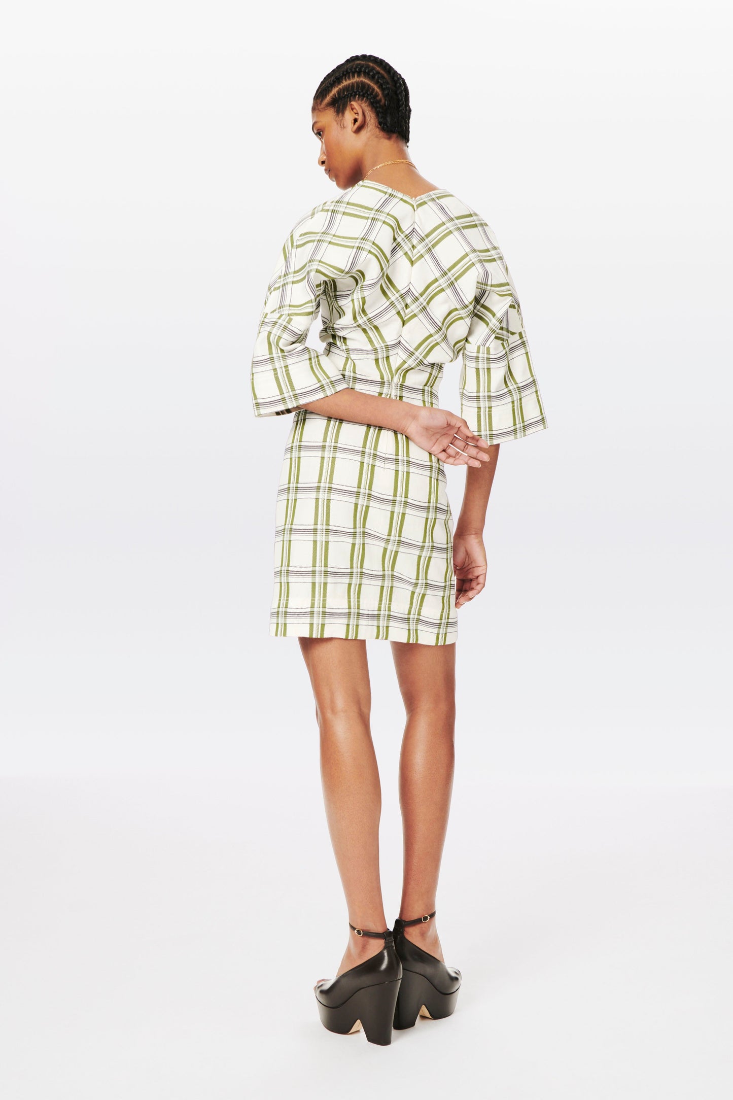 Deep V T-shirt Dress in White, Navy and Khaki Check