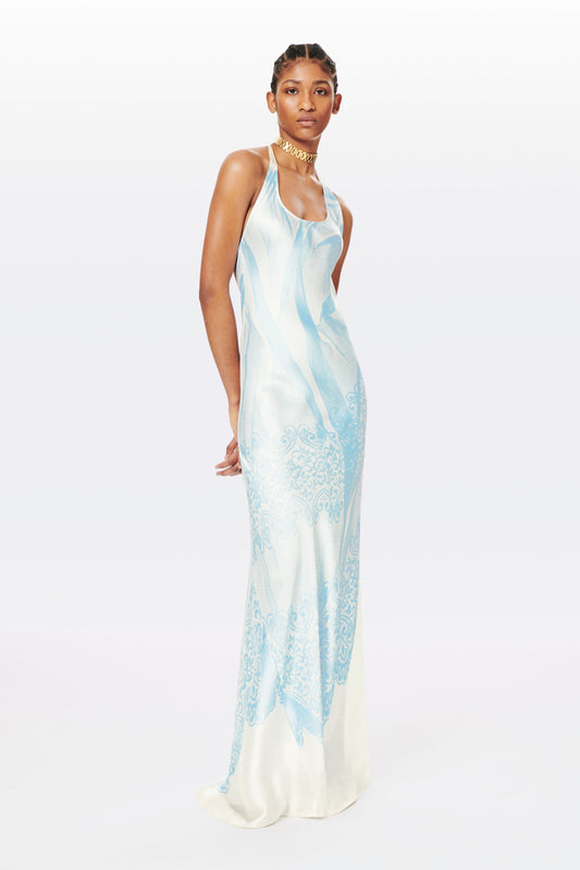Printed Floor Length Cami Dress in White and Oxford Blue