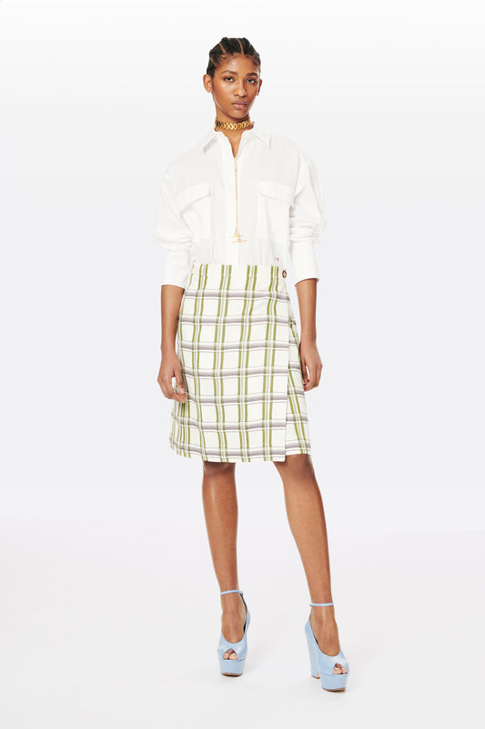 Wrap Skirt in Off White, Navy and Khaki Check