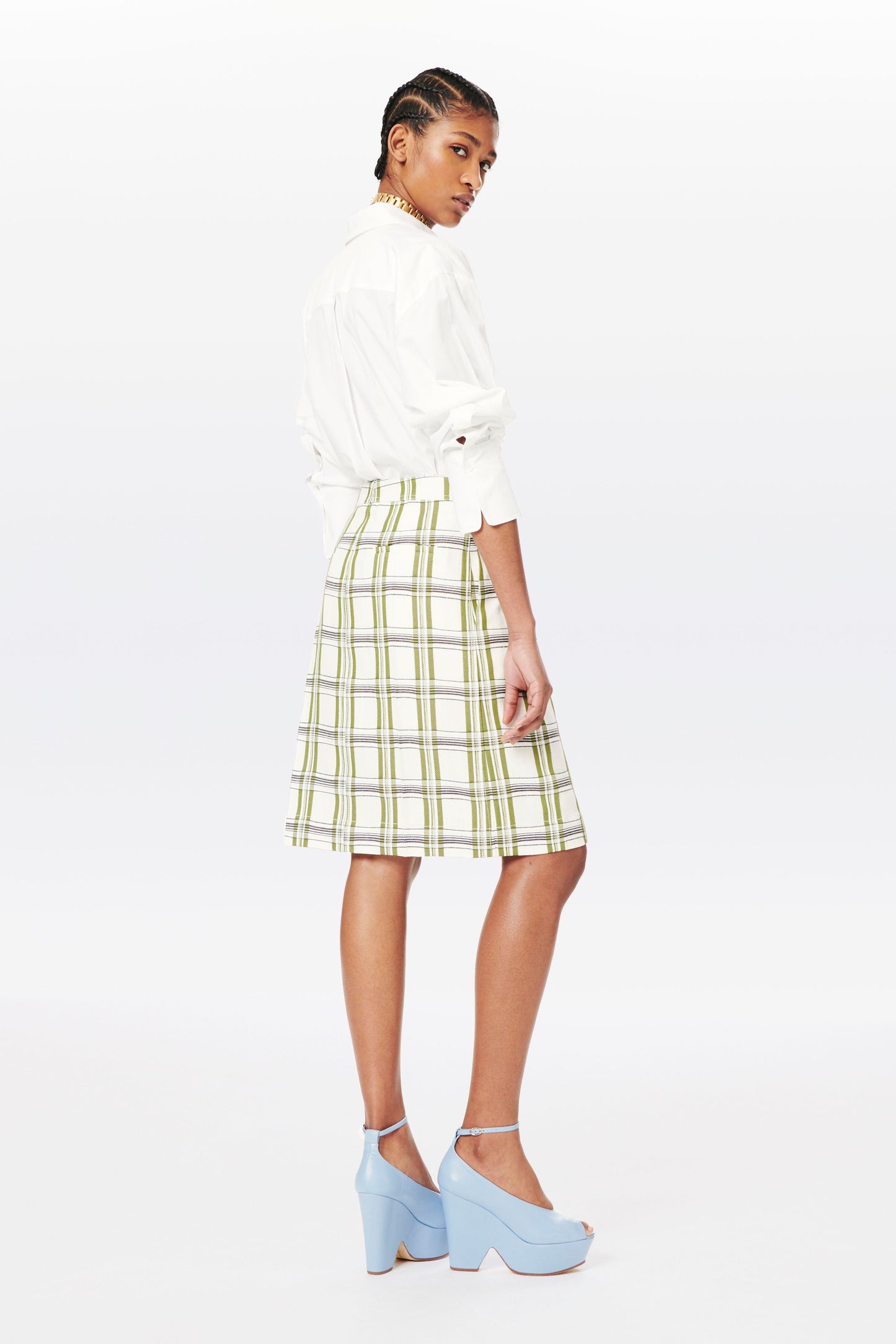 Wrap Skirt in Off White, Navy and Khaki Check
