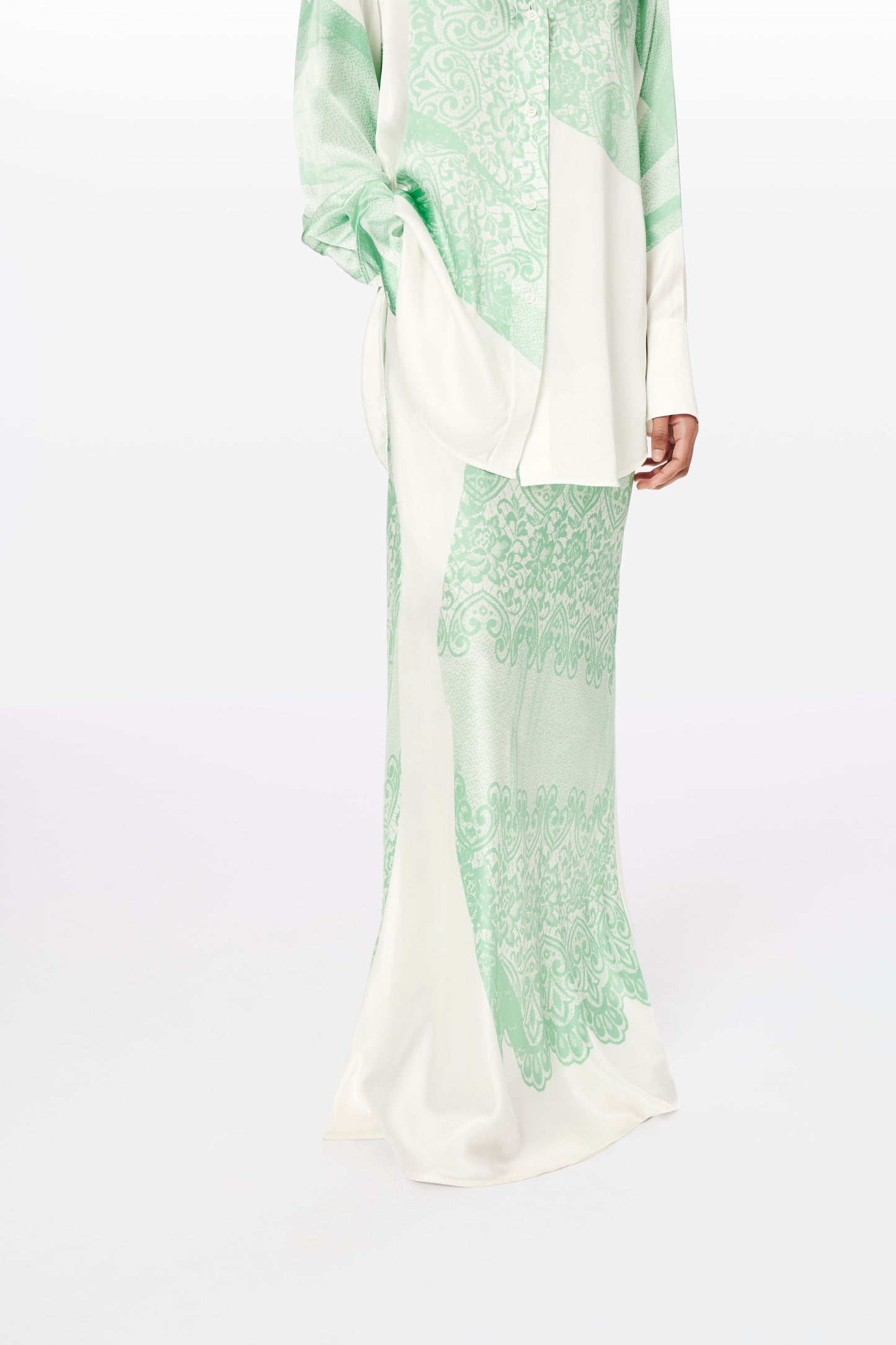 Printed Maxi Slip Skirt in White and Mint