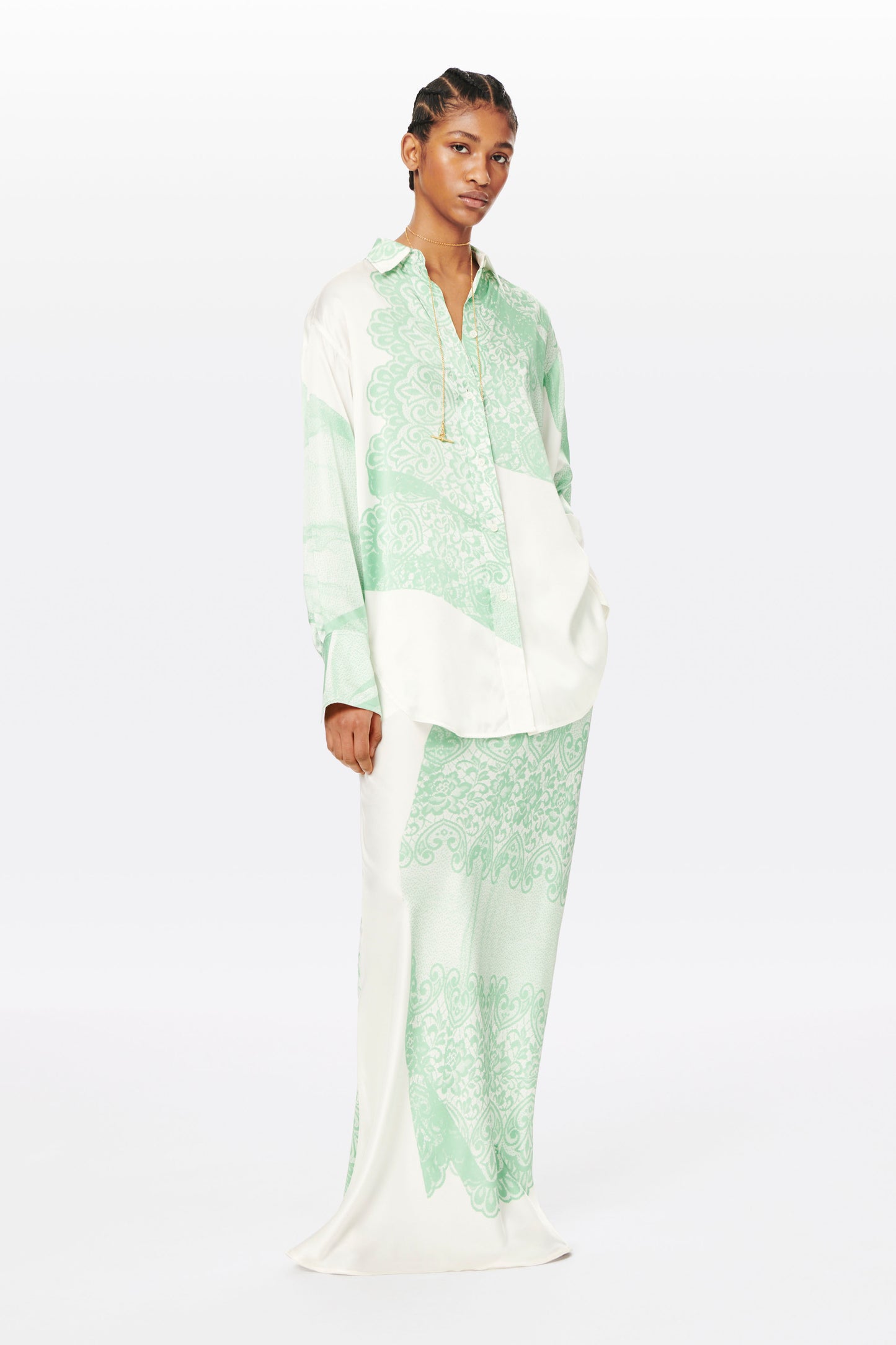 Printed Patch Pocket Shirt in White and Mint