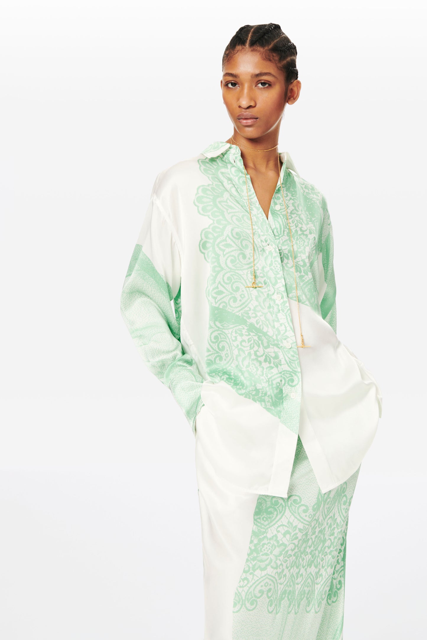 Printed Patch Pocket Shirt in White and Mint