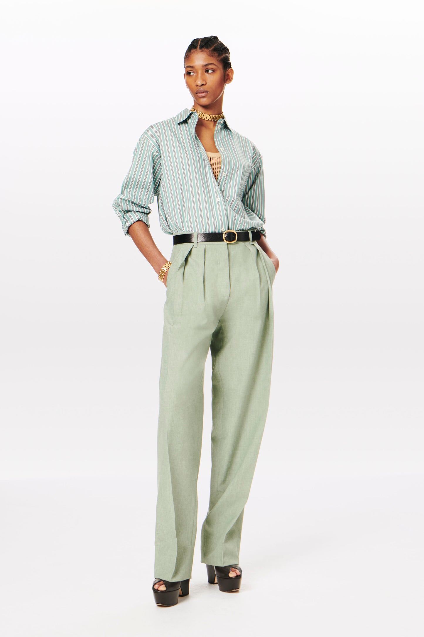 Double Pleat Slouch Trouser in Green