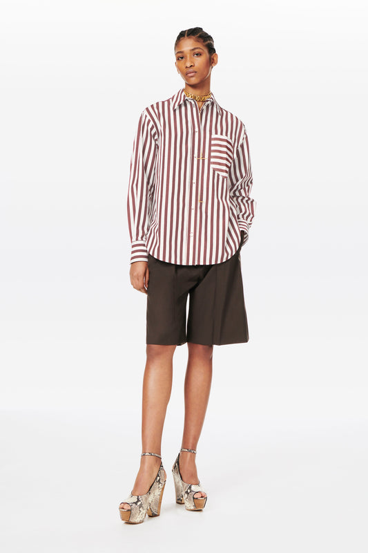 Patch Pocket Shirt in Dark Brown and White Stripe